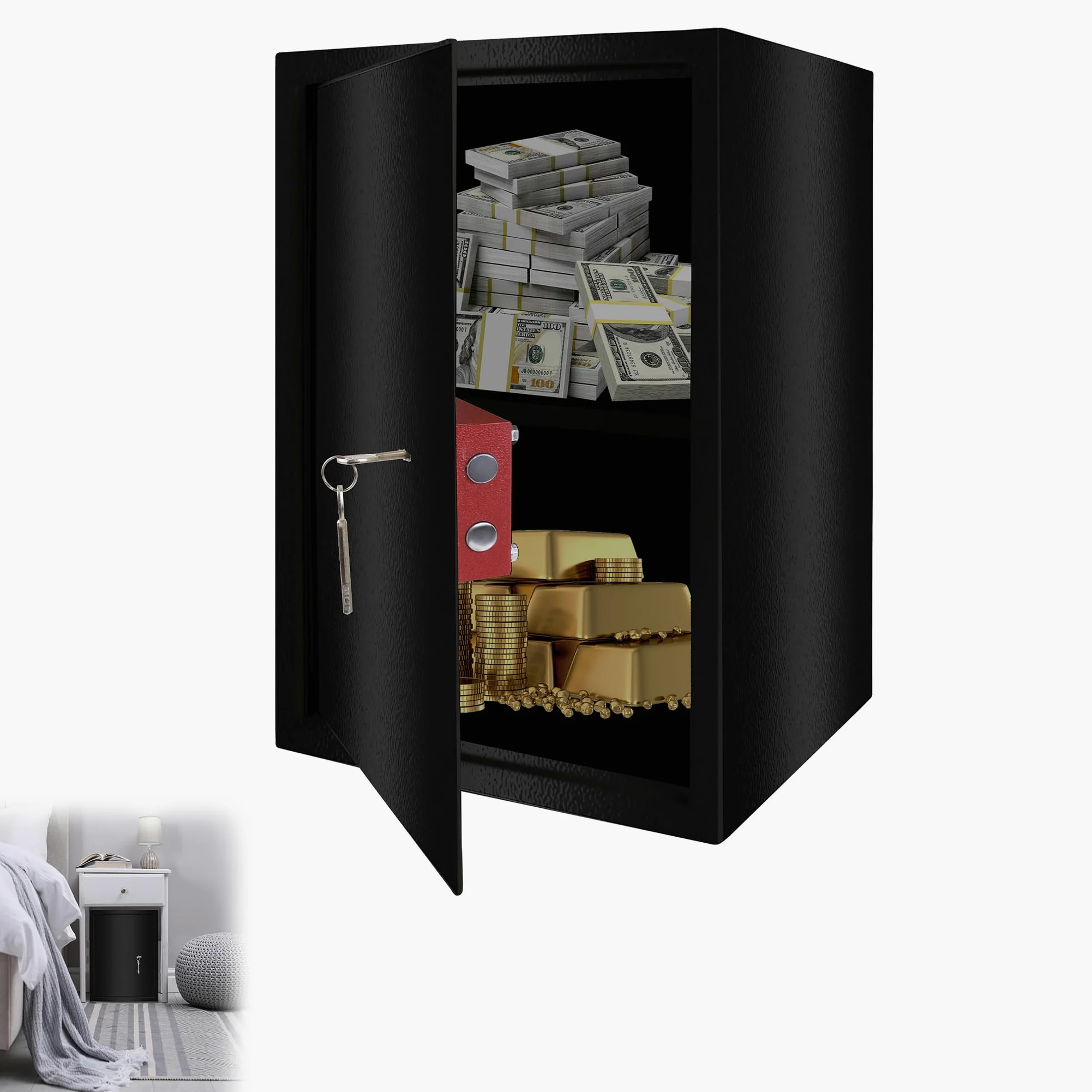 YRHome Sejf meblowy, sejf w rozmiarze XL, 35 x 31 x 50 cm, z 2 zamkiem na klucze i śrubami mocującymi, sejf podłogowy, ścienny, szafka na pieniądze, kolor czarny