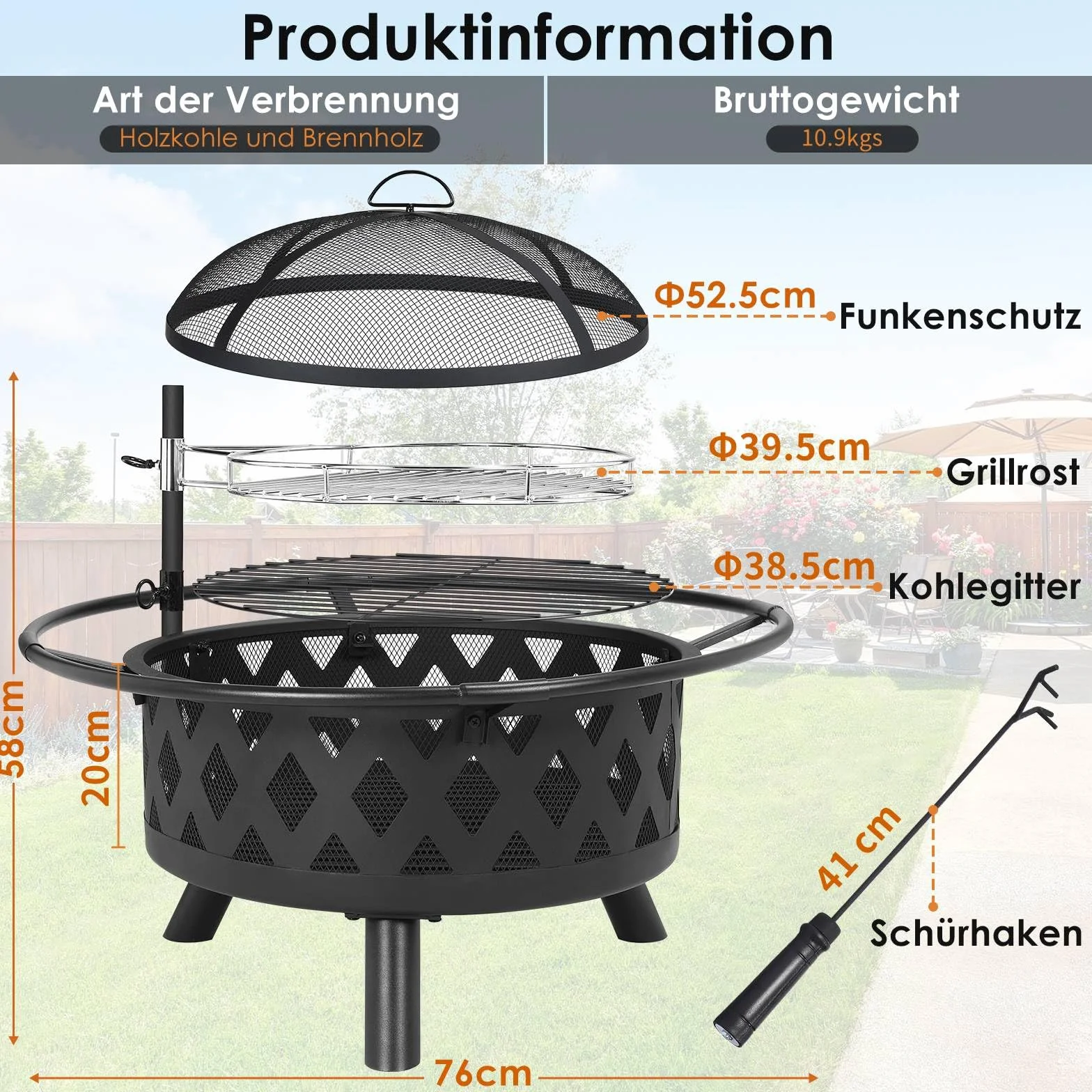 TLSUNNY Palenisko do grillowania Ø 76 cm z rusztem obrotowym, ochrona przed iskrami, kosz z pogrzebaczem, ogrodowe