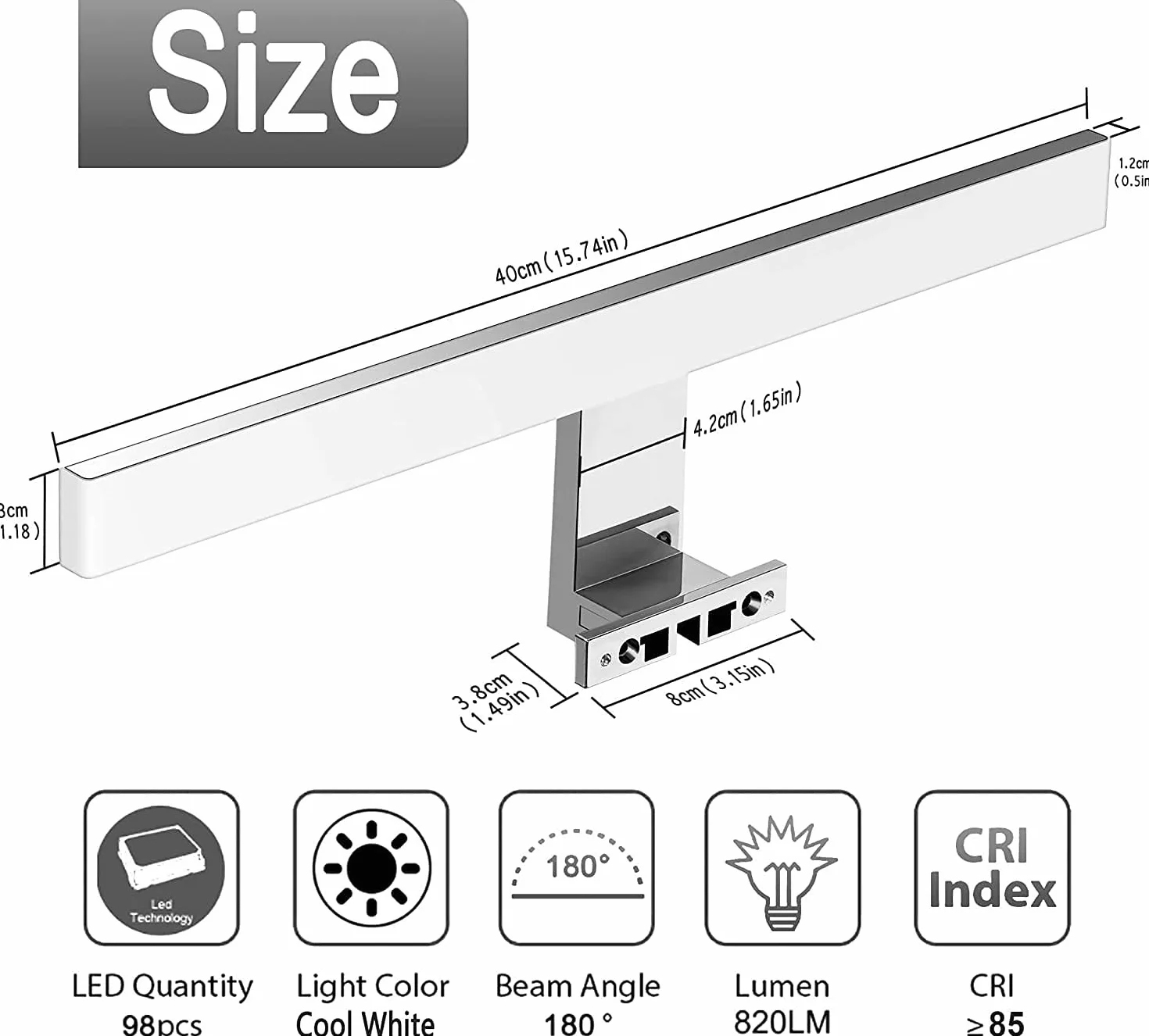 Oświetlenie lustra LED łazienka 10W 820LM 40cm neutralna biel 4000K Azhien, montaż 3w1 IP44 230V kinkiet lampa lustrzana 400mm, bez migotania oświetlenie lustra szafki łazienkowej