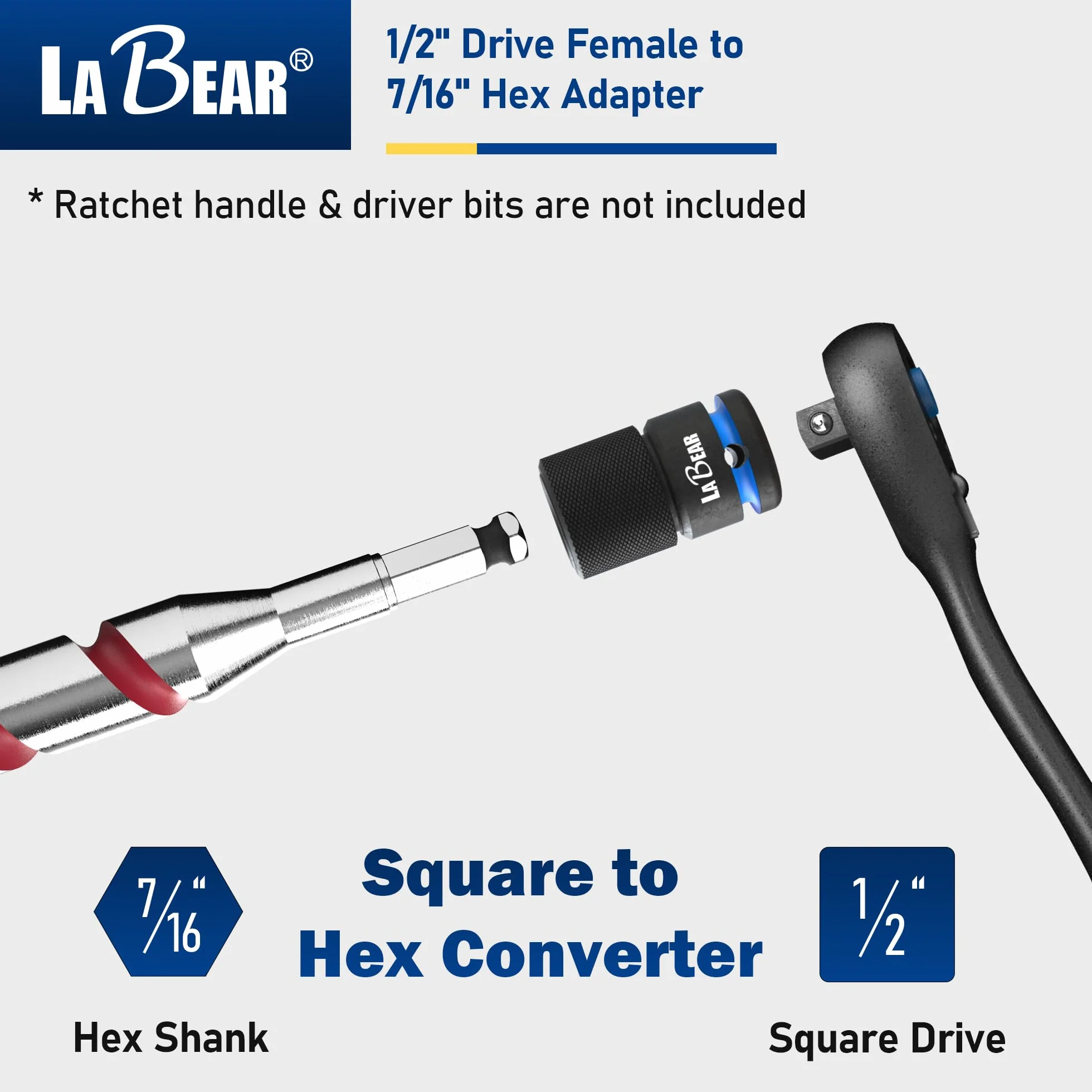 LABEAR TOOL Adapter klucza udarowego, napęd żeński 1/5.1 cm na konwerter sześciokątny 7/40.6 cm, szybkie zwalnianie, uchwyt szybkiej wymiany, adapter do wiertarki udarowej, stalowe klucze grzechotkowe