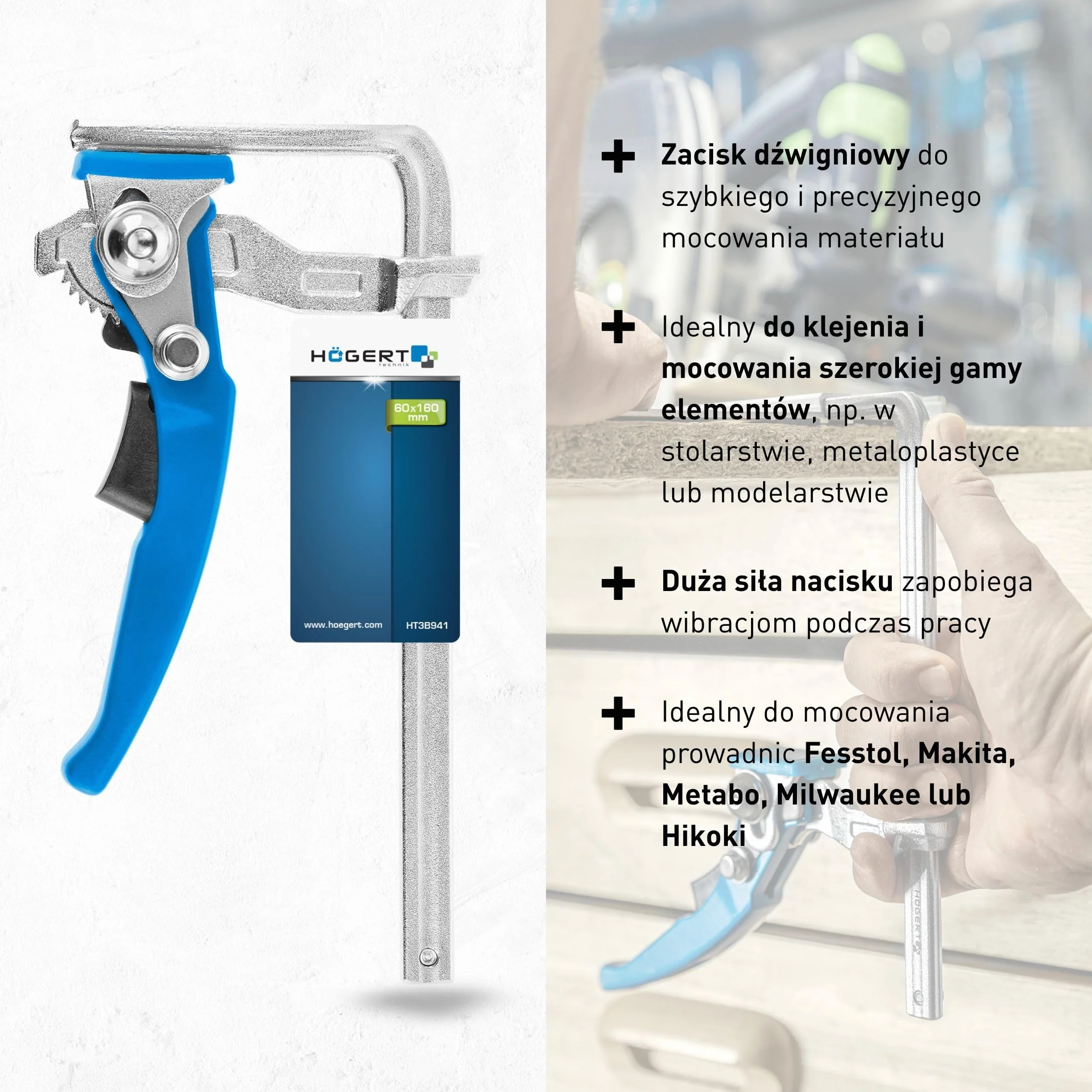 Högert Technik - Zacisk dźwigniowy 160 mm I siła mocowania do 2050 N I ze stali hartowanej I grzechotka blokująca I szybka regulacja siły nacisku I HT3B941