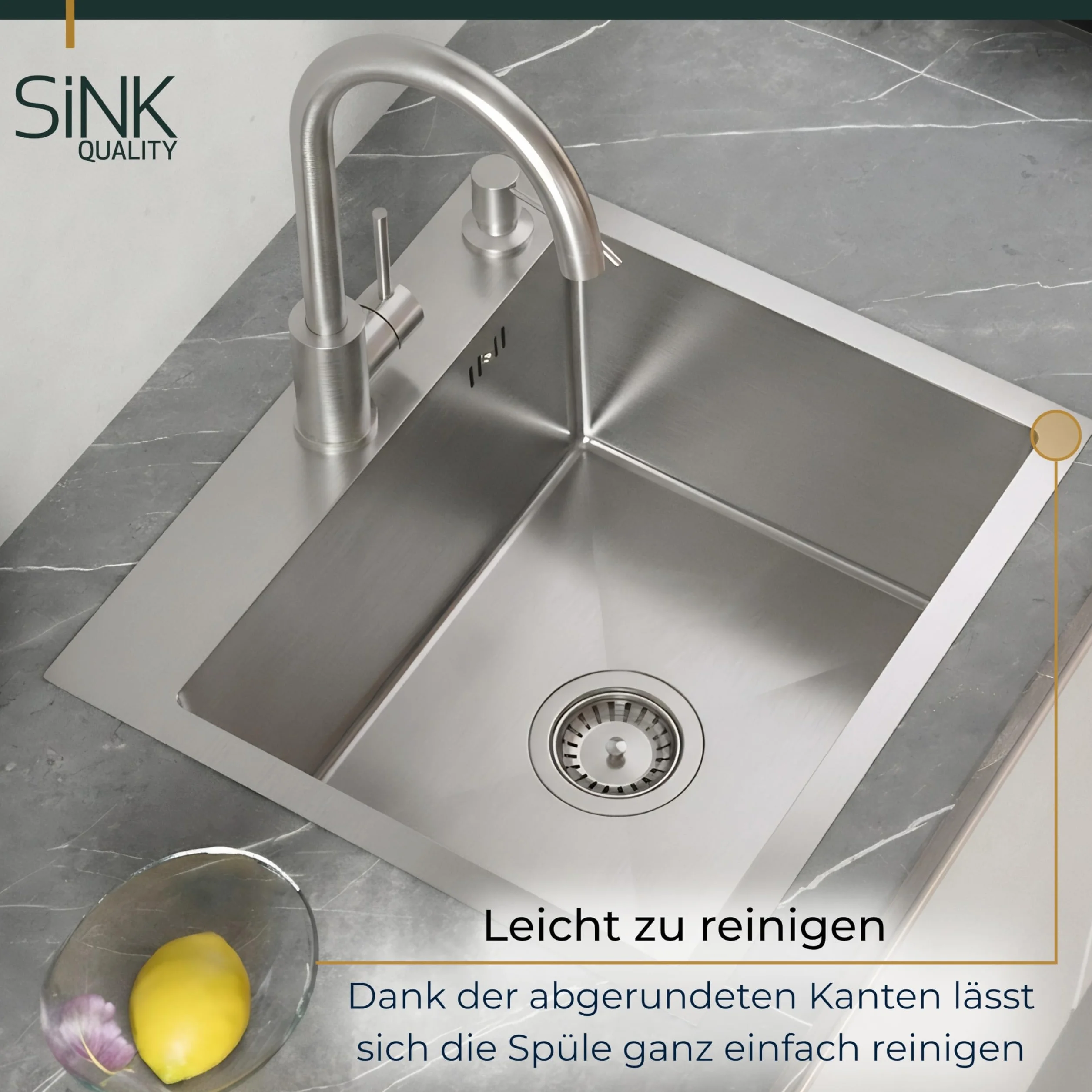 Sink Quality zlewozmywak ze stali nierdzewnej 50 x 45 cm – odporna na zarysowania powłoka PVD i oszczędzający miejsce syfon, zlewozmywak ze stali nierdzewnej 304 do szafki pod umywalkę 50 cm, łatwy w