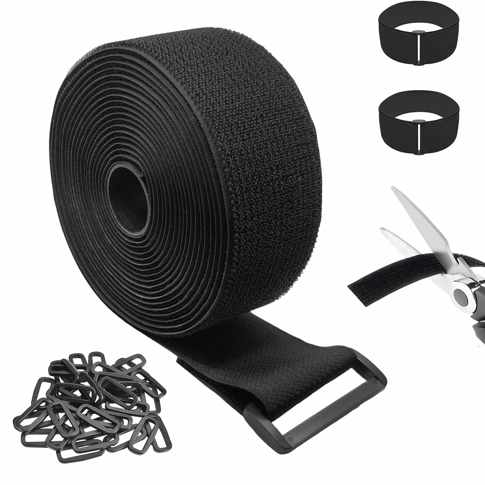Taśma na rzep 5 cm x 5 m z 25 klamrami, regulowana, możliwość dowolnego przycięcia, opaski kablowe wielokrotnego użytku, na rzep, bardzo mocne, czarne, zapięcie na rzepy, do kabli, przewodów, lin