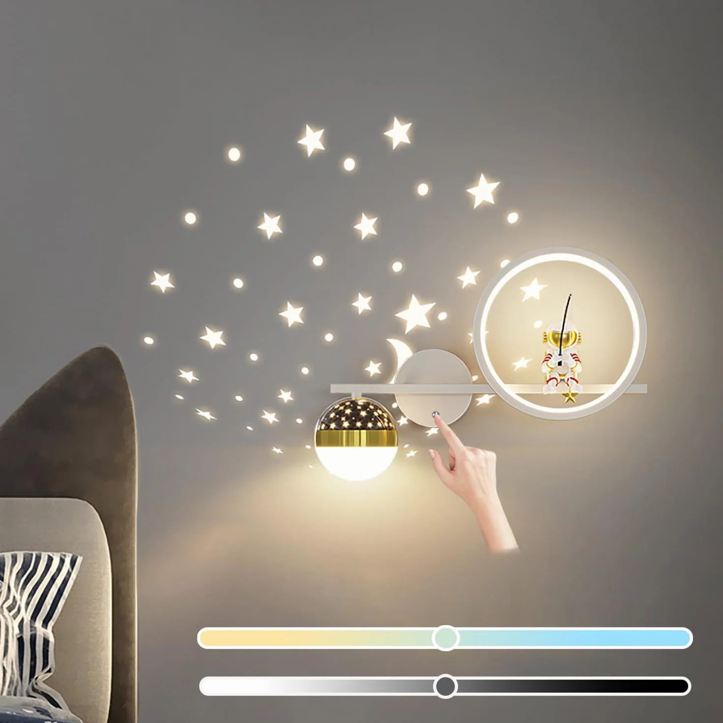 KZT Lampa ścienna LED do pokoju dziecięcego, z przełącznikiem dotykowym, ściemniana, lampka nocna, gwiaździste niebo, astronauta, lampka nocna, nowoczesna lampka do czytania dla dzieci, 30 W, białe
