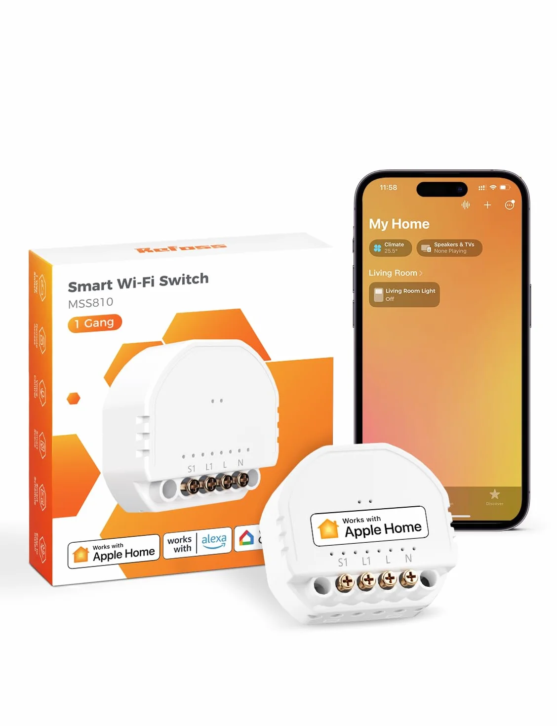 Refoss Mini inteligentny przełącznik przekaźnika Wi-Fi, 1-drożny, 1-biegowy włącznik światła z Apple HomeKit, Alexa i Google Home, 2,4 GHz, 250 V 10 A, 1 sztuka (wymagany przewód neutralny)