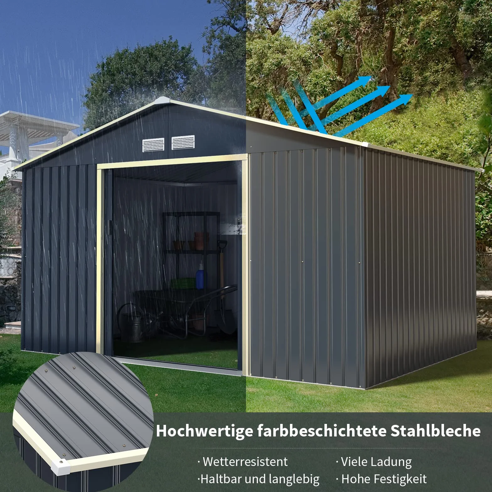 COSTWAY metalowa szopa narzędziowa 340x255x210 cm zamykana domek ogrodowy z drzwiami przesuwnymi