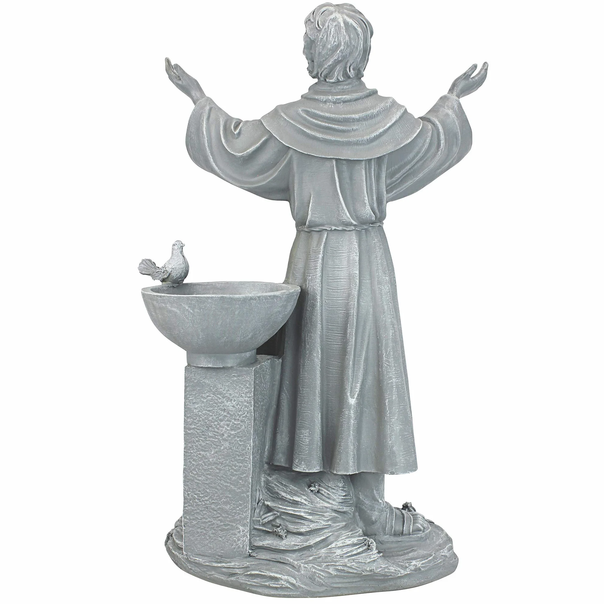 Design Toscano błogosławieństwo św. Franciszka religijna statuetka ogrodowa z karmnikiem dla ptaków 48 cm żywica poliestrowa szary kamień zielony