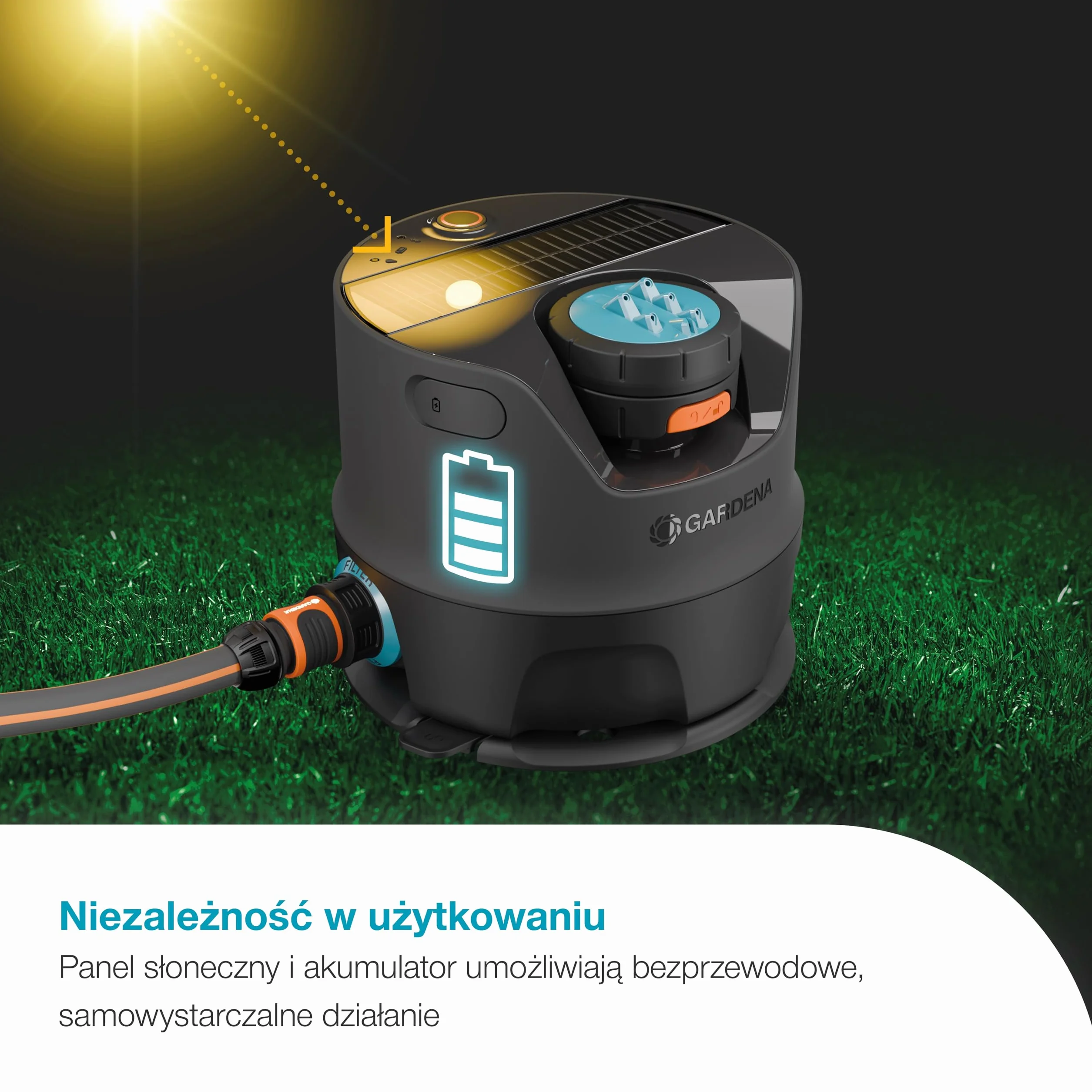 Gardena System nawadniania AquaPrecise, zasilany energią słoneczną, do trawnika