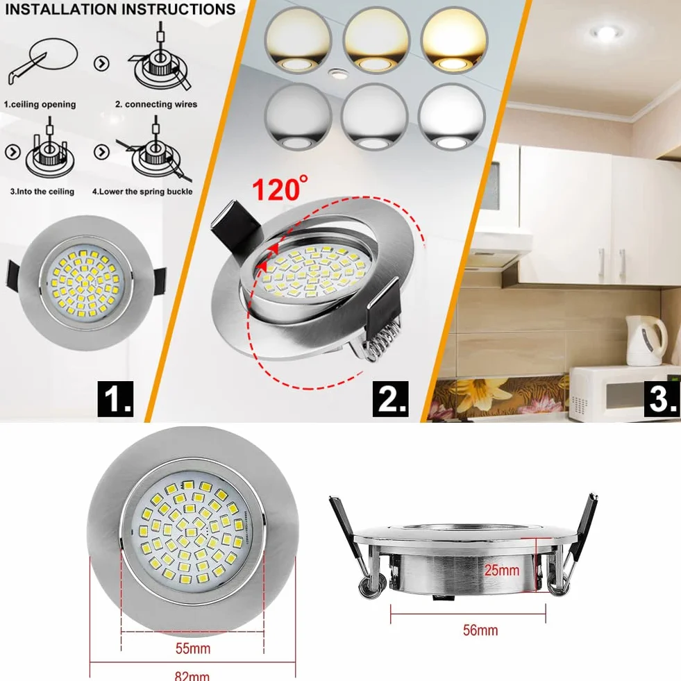 BAOMING Reflektor LED do zabudowy ściemnialnej 5 W, 550 lm, ciepła biel 6000 K, oświetlenie wpuszczane, 230 V do łazienki, salonu, kuchni, IP44, zestaw 6 sztuk