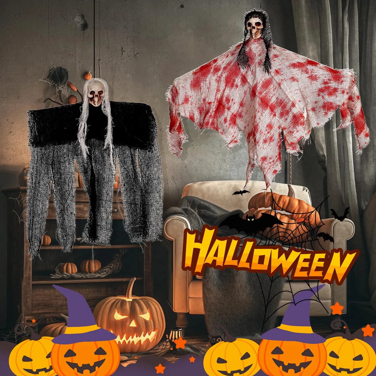 Wiszące dekoracje na Halloween, duch, latający duch do dekoracji nawiedzonego domu, do wewnątrz, na zewnątrz, podwórko, ogród, dekoracje imprezowe na Halloween, 2 szt