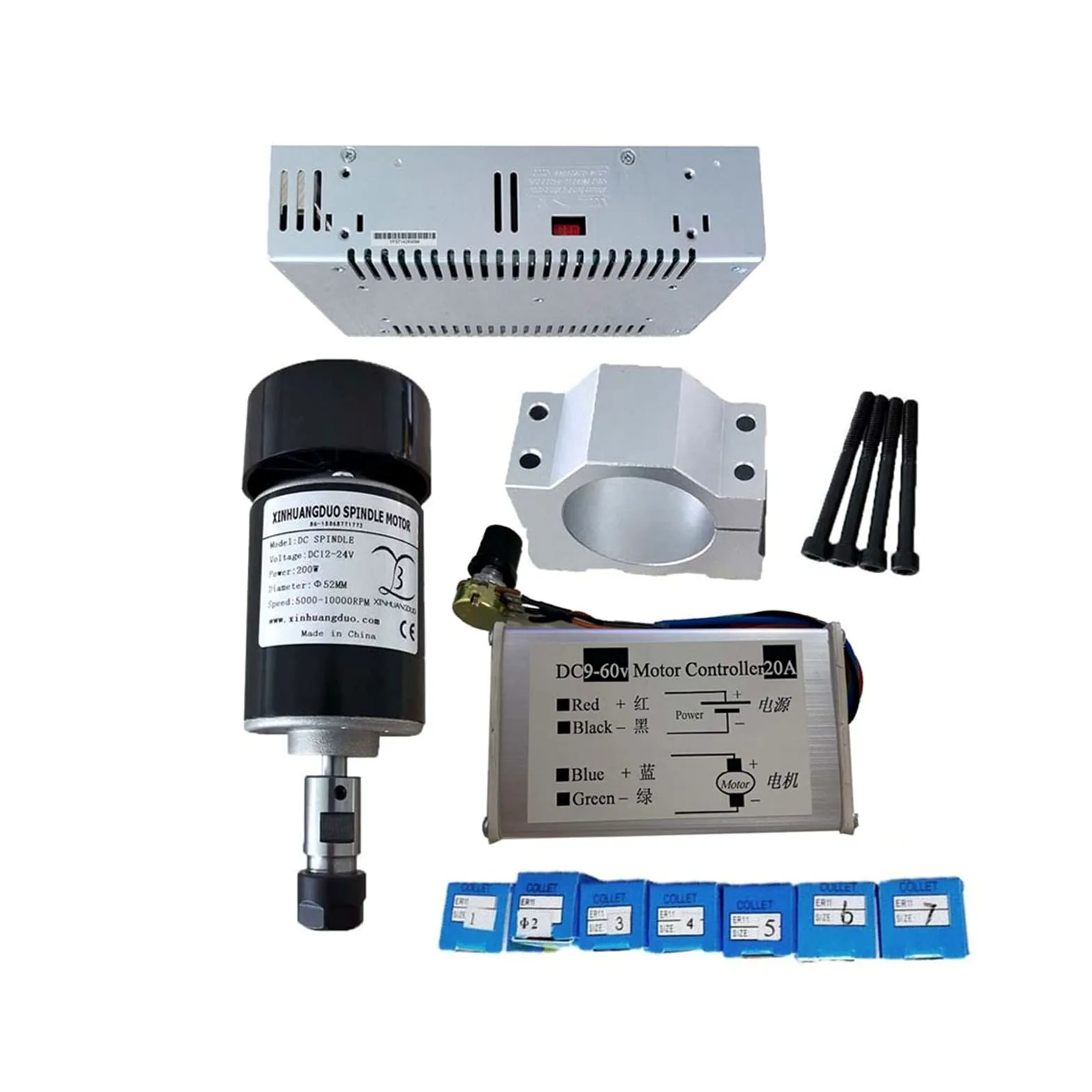 Maszyna do Grawerowania, 0.2kw chłodzony powietrzem wrzeciono ER11 uchwyt CNC 200W silnik wrzeciona + 52mm zaciski + zasilacz + regulator prędkości dla majsterkowiczów CNC 24V10000rpm(Set 3)