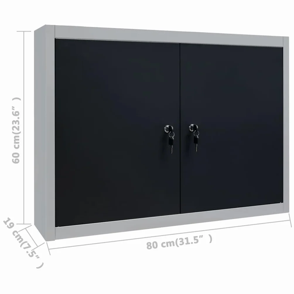Szafa narzędziowa ścienna w stylu przemysłowym, metalowa, szara, czarna, z 2 półkami, płytą perforowaną, zamykanymi drzwiami, 80 x 19 x 60 cm, idealna do warsztatu, garażu, dla majsterkowiczów do