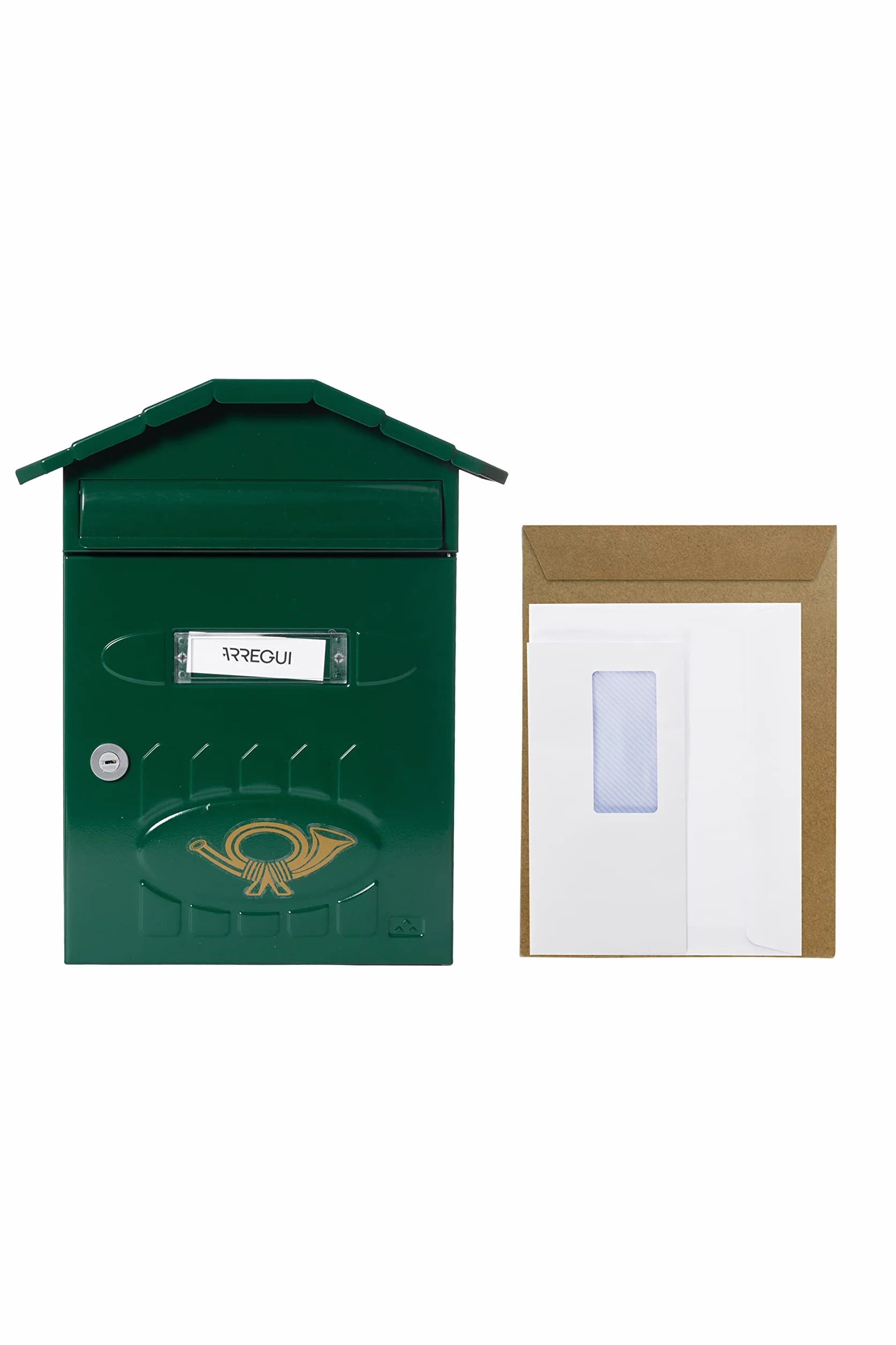 ARREGUI Villa E5003 skrzynka na listy ze stali ocynkowanej, rozmiar M (DIN A4), ścienna skrzynka pocztowa do użytku na zewnątrz, skrzynka pocztowa z tabliczką na nazwisko, klapą wrzutową i dachem