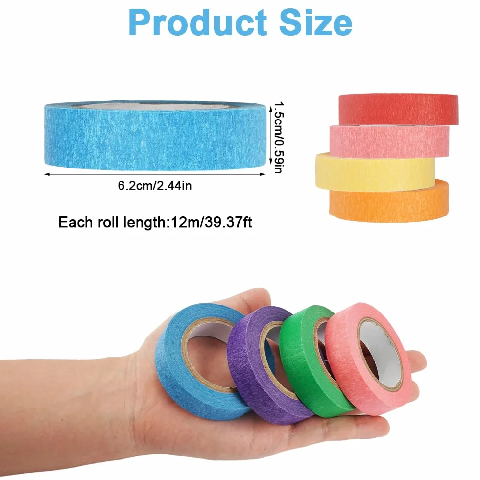 8 rolek kolorowej taśmy klejącej, 15 mm x 12 m, kolorowa taśma malarska, do pisania, tęczowa taśma dekoracyjna, dekoracyjna taśma klejąca do majsterkowania, do malowania na ścianie, sztuki, rzemiosła