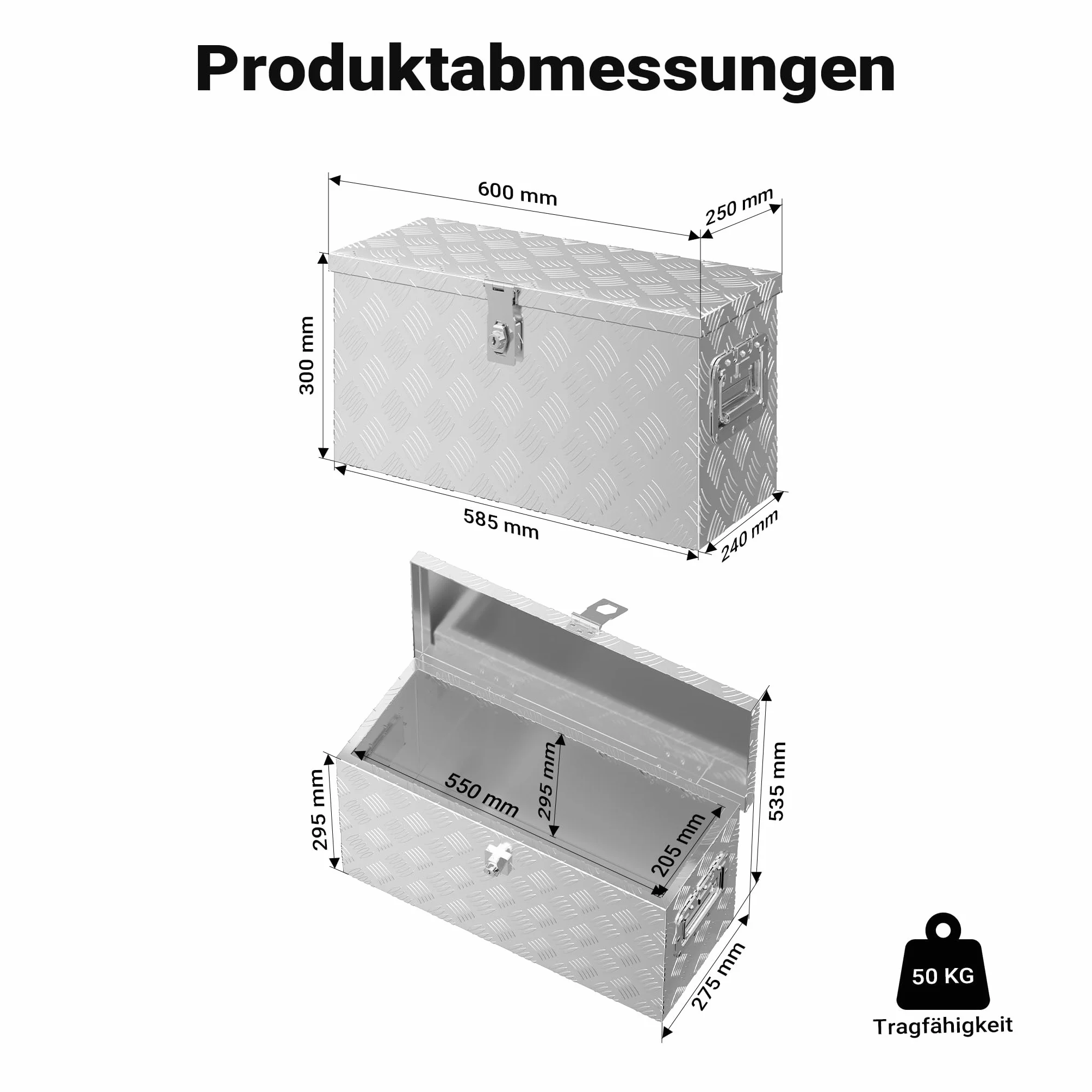 XPOtool Aluminiowa skrzynka na narzędzia o wymiarach 60 x 25 x 30 cm zamykana, z zamkiem i 2 kluczami, uchwyty po bokach