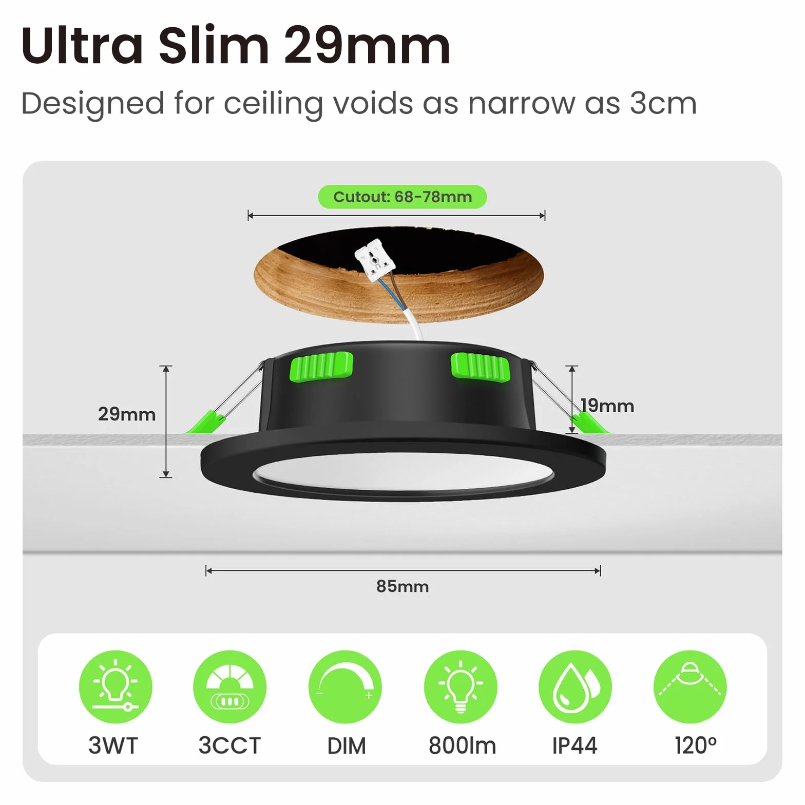 ALUSSO LIGHTING Ściemniany Punkt LED, 230V, 3CCT 3000K/4000K/6500K, Możliwość Zmiany, Reflektor LED Extra Piatto 29 mm, łazienkowy IP44, Czarny, Zestaw 10 Sztuk
