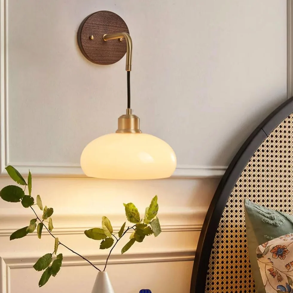 Mosiężna lampa ścienna z litego drewna w paski szklany klosz Lampka nocna Kinkiety Oświetlenie Ścienne Nowoczesna lampa ścienna E27 Oświetlenie wewnętrzne do salonu Restauracja