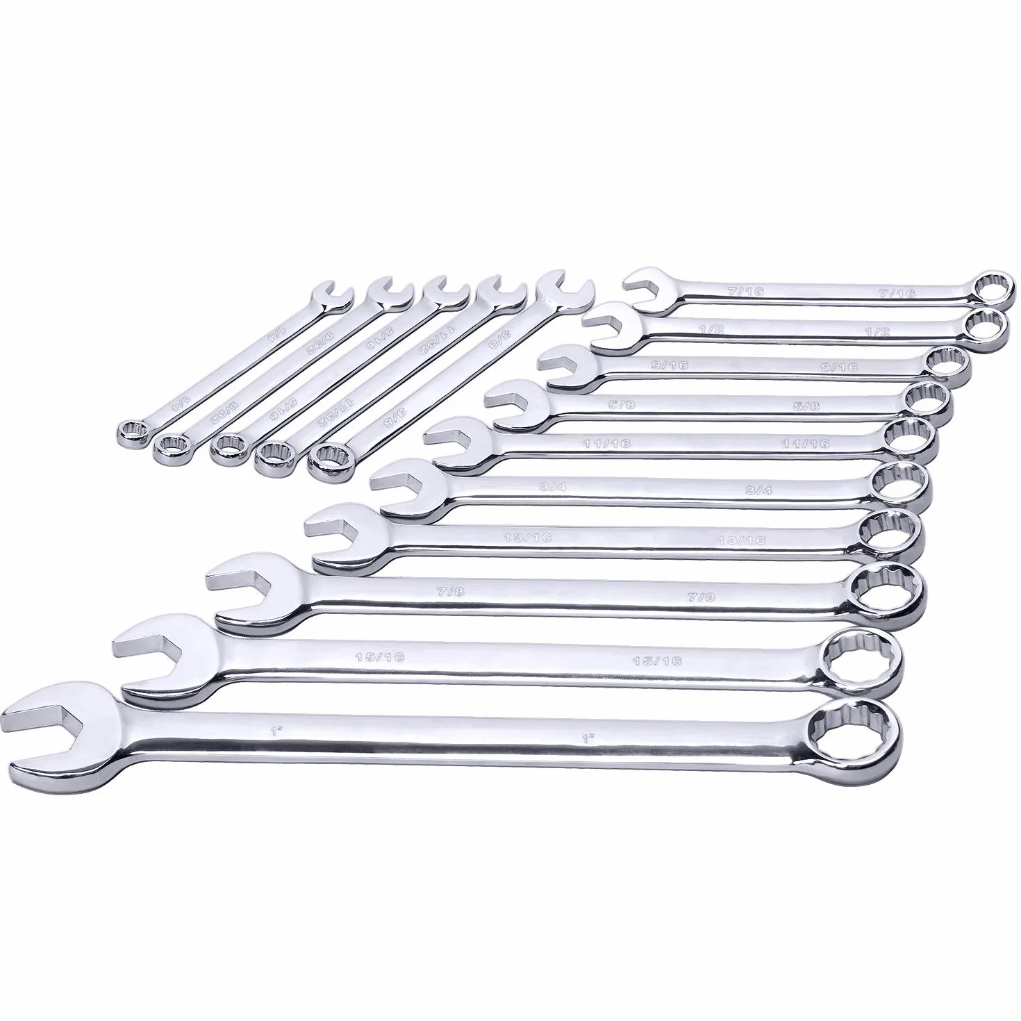 Max Moment obrotowy 15-częściowy zestaw kluczy płasko-oczkowych klasy premium, pełne rozmiary SAE od 1/4" do 2,5 cm z organizerem na stojak, stal chromowo-wanadowa, długi wzór, chromowane wykończenie