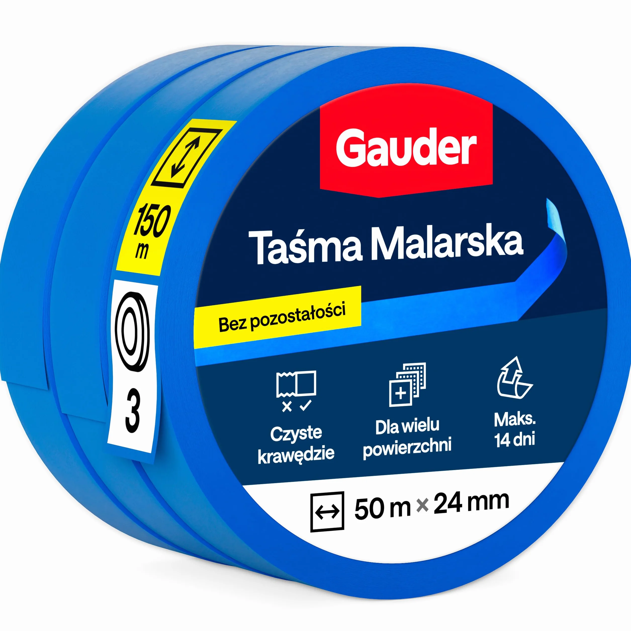 GAUDER Taśma Maskująca do Malowania - Ochronna Taśma Washi do Remontu, Dekoracji i Projektów DIY - Łatwe Usuwanie bez Pozostałości (3 Rolki - 24 mm x 50 m)