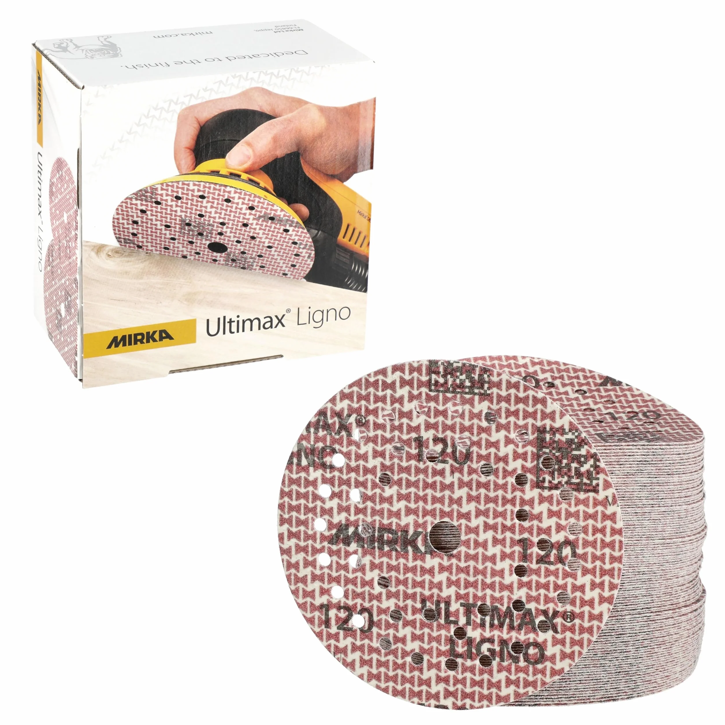 Mirka abrasive sheets Ultimax Ligno 125 mm rzep Multifit | Tarcze szlifierskie Mirka Ultimax Ligno 125 mm z ziarnem 150 do drewna wielootworowe rzep Multifit 100 sztuk