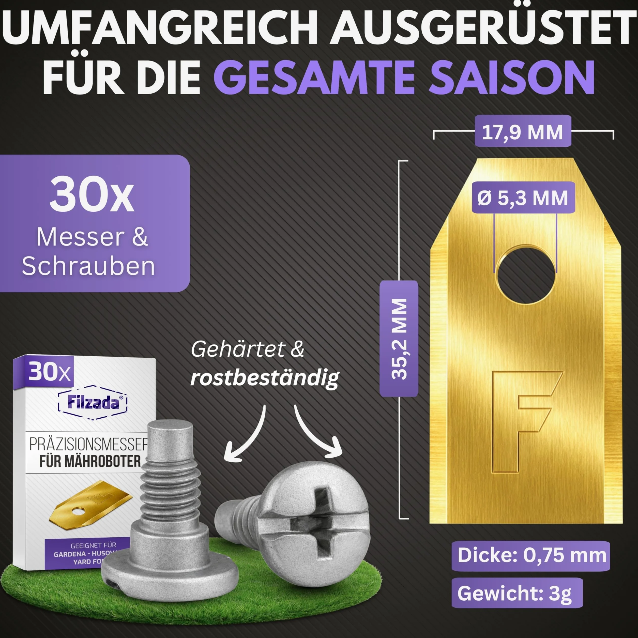 30x ostrza tytanowe LONGLIFE pasujące do wszystkich kosiarek automatycznych Husqvarna® Automower® / Gardena® - (3g - 0,75mm) + 30 śrub - pasują do kosiarek automatycznych 105, 310, uvm
