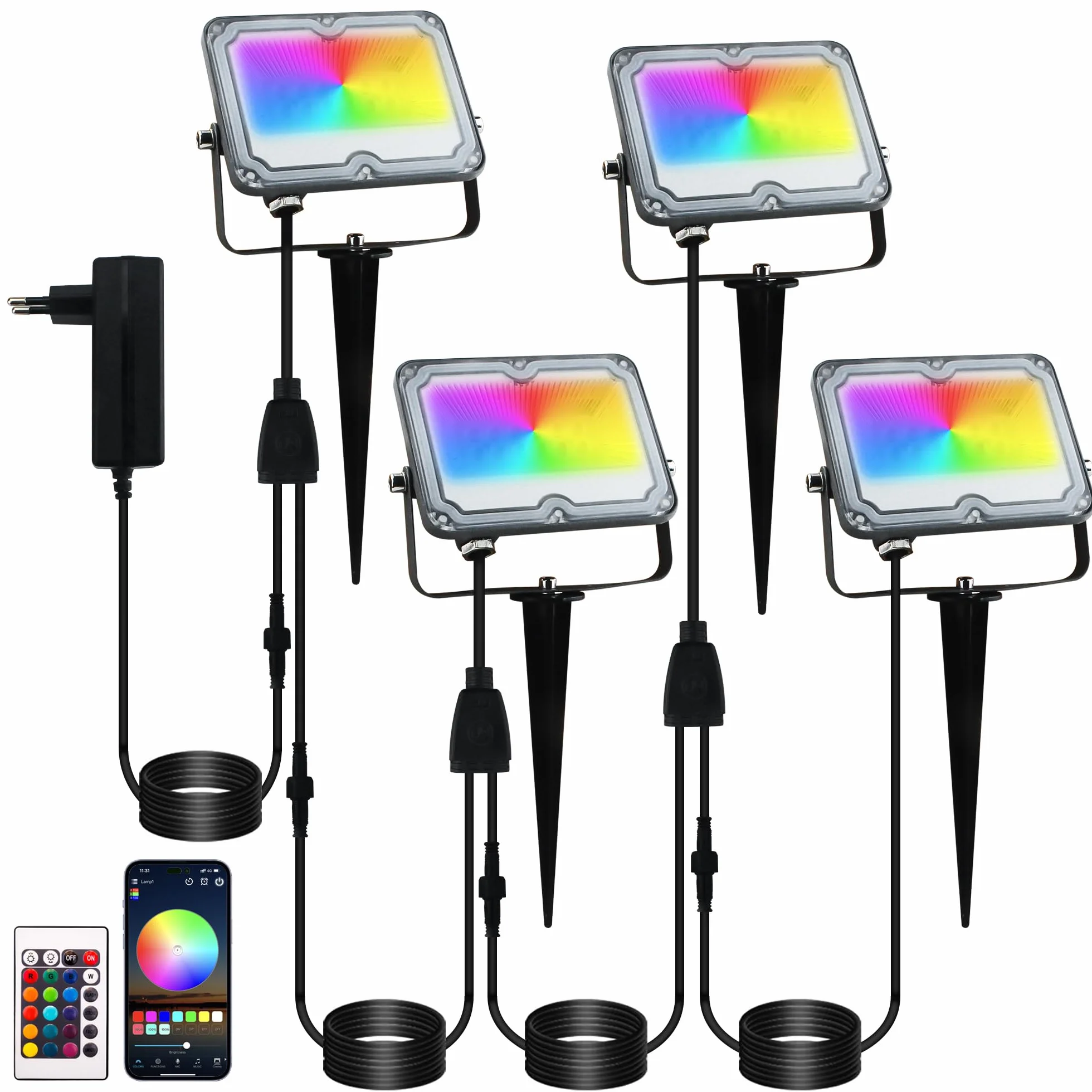 Zewnętrzny reflektor LED BOSITE, 10W kolorowy reflektor LED RGB z pilotem, kolorowy reflektor LED, 16 kolorów 4 tryby do ogrodu, krzewów, trawników, imprez - 4 sztuki