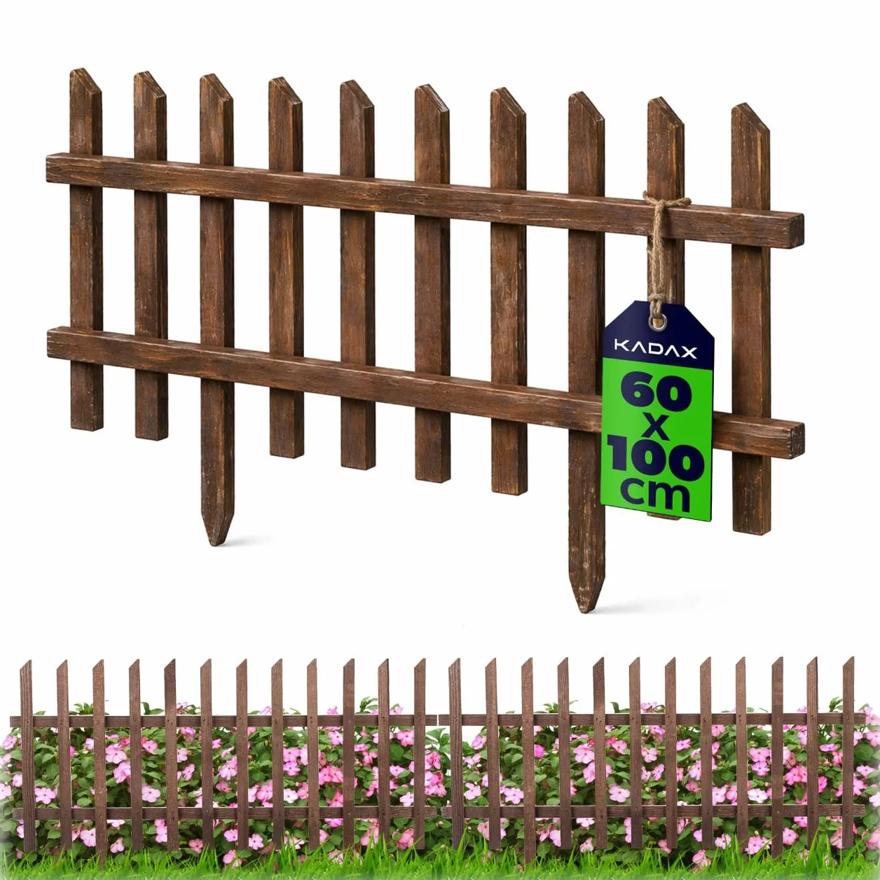 KADAX Ogrodzenie z listew 100 x 60 cm, 1 sztuka, dekoracyjne ogrodzenie wtykowe jako obramowanie rabatki, drewniane ogrodzenie do ogrodu, płot sztachetowy, elementy ogrodzenia (brązowe)