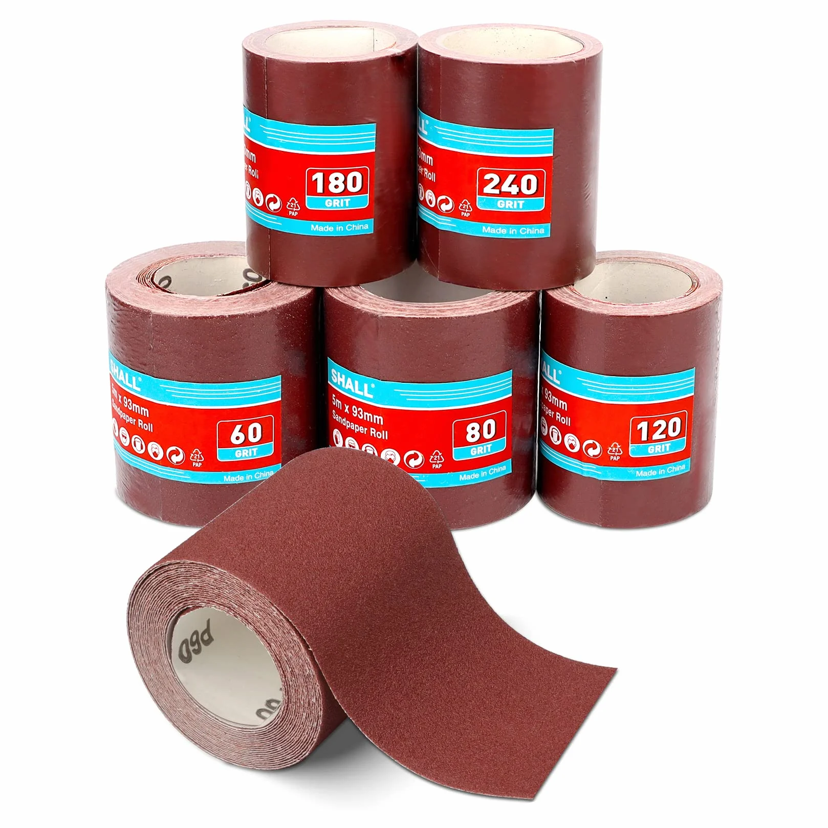 SHALL Zestaw rolek papieru ściernego, 5 rolek, 9,3 cm x 5 m, ziarnistość 60/80/120/180/240, papier ścierny z tlenku glinu do szlifowania, polerowania i usuwania rdzy