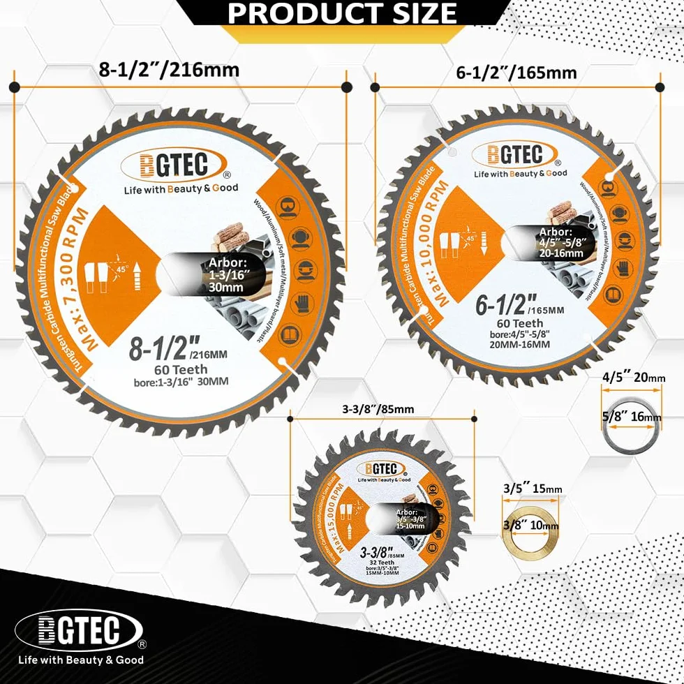 TCT Brzeszczot tarczowy Zęby z węglików spiekanych do ogólnego zastosowania 85 MM, 165MM, 216MM końcówki tnące do drewna, aluminium, plastiku i miedzi BGTEC, 3 sztuki