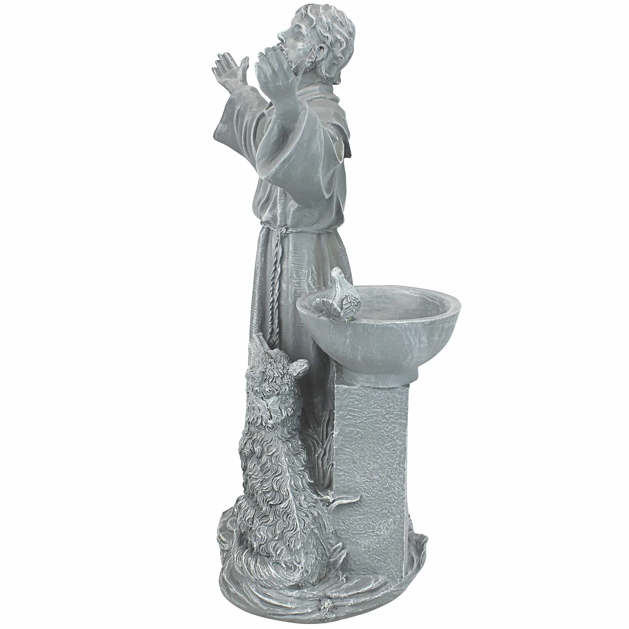 Design Toscano błogosławieństwo św. Franciszka religijna statuetka ogrodowa z karmnikiem dla ptaków 48 cm żywica poliestrowa szary kamień zielony