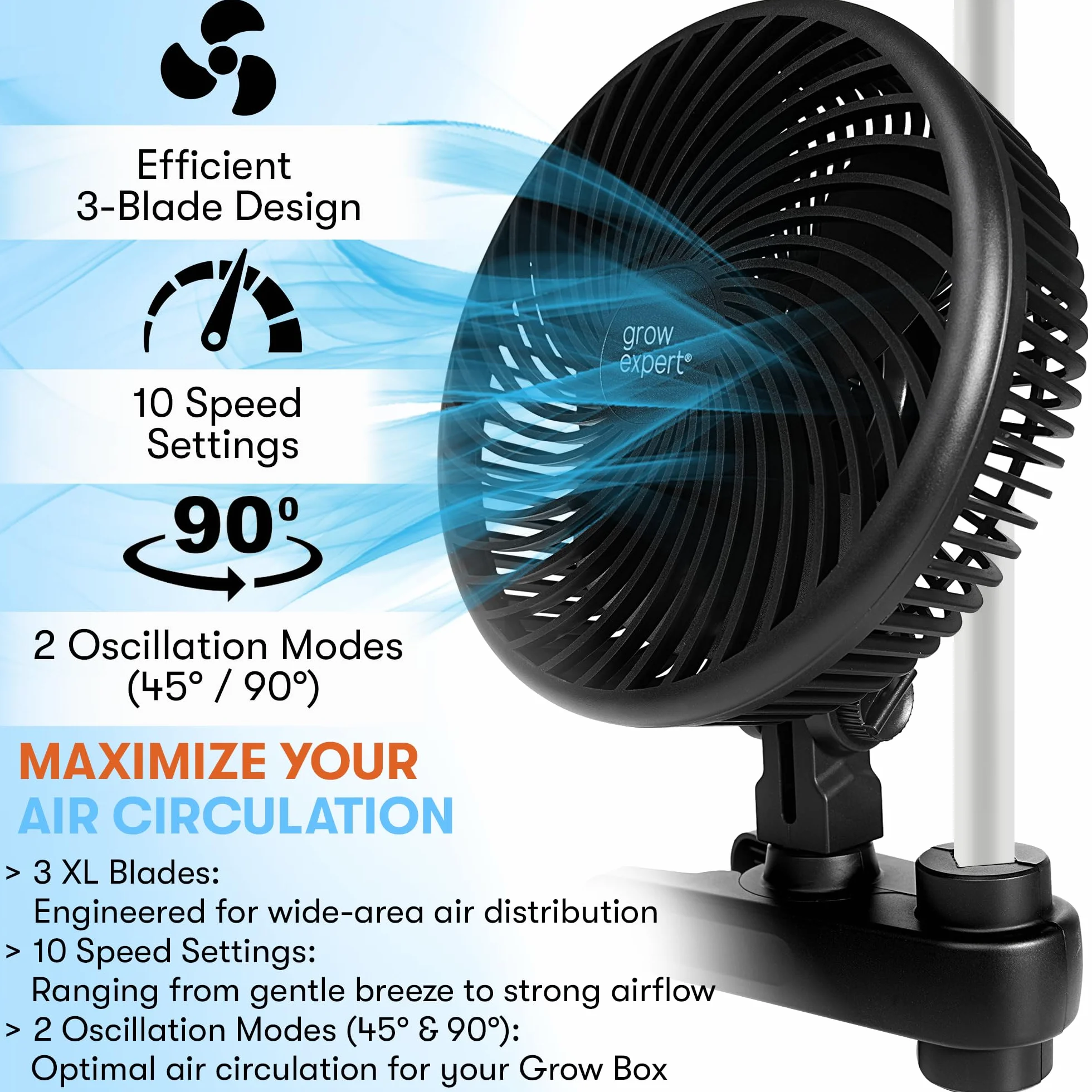 Wentylator oscylacyjny z klipsem do growbox, silnik EC, 10 stopni, 32 dB, kabel 250 cm