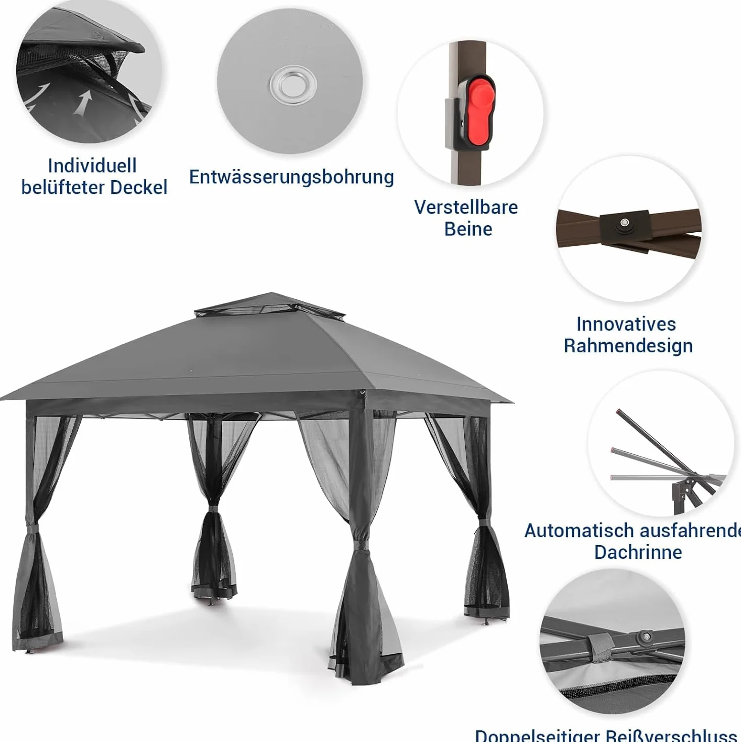 UDPATIO Pawilon składany 3,3 x 3,3 m, namiot Instant Patio Gazebo, wodoszczelny, stabilny, z podwójnym dachem, moskitierą i 4 workami na piasek, metalowe podpory, pawilon ogrodowy na taras, do ogrodu,