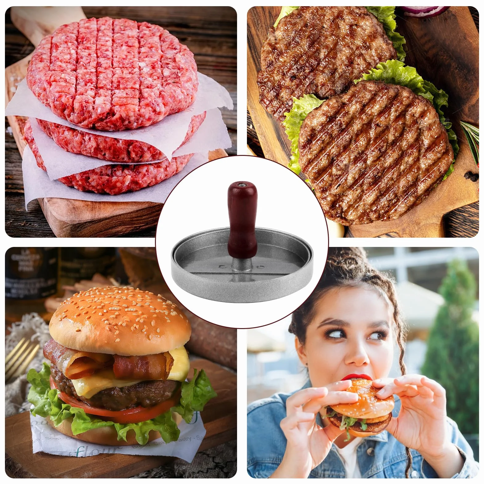 Prasa do burgerów, prasowarka do hamburgerów, forma do tworzenia kotletów, aluminumowy nieprzywierający twórca hamburgerów dla BBQ, zestaw z 100 arkuszy papieru silikonowego i śrubokrętem