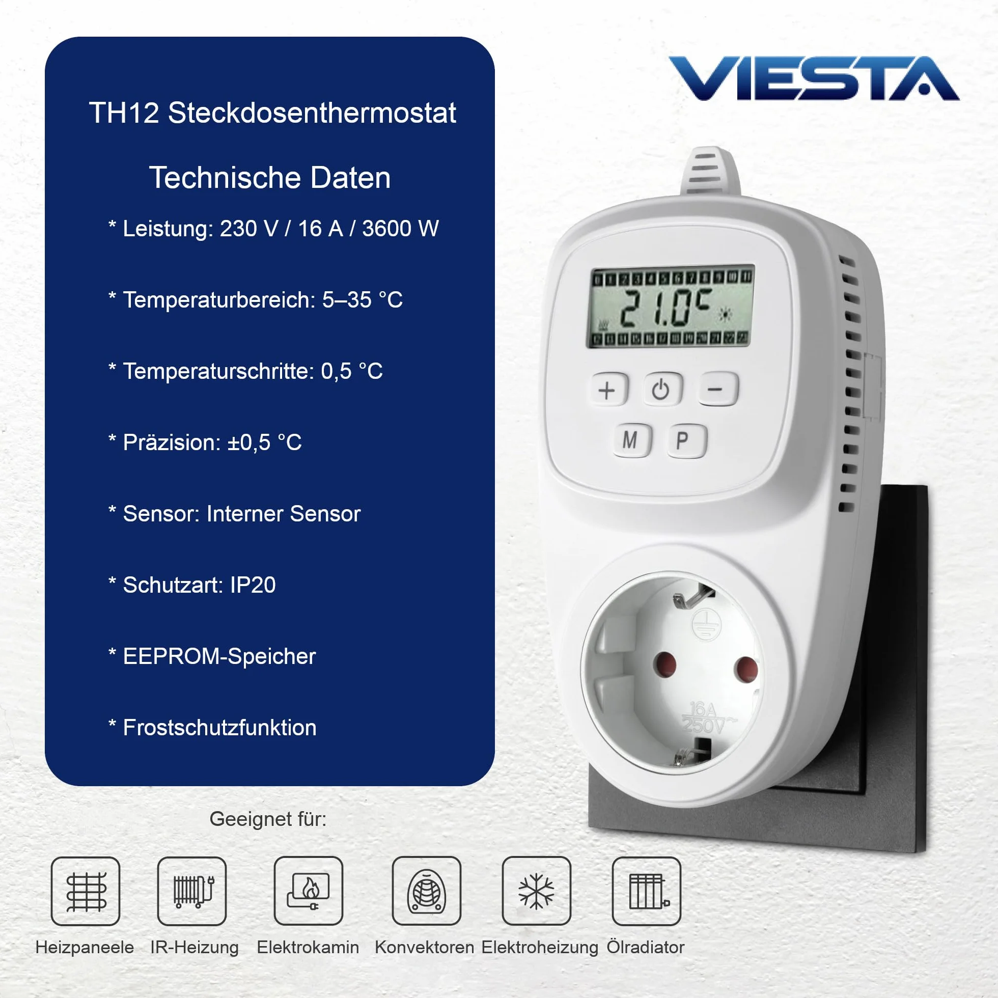 VIESTA® TH12 termostat gniazdkowy, programowalny, 7 dni, 230 V / 16 A / 3600 W, 5–35°C, 0,5°C, wyświetlacz LCD, pamięć EEPROM, ochrona przed zamarzaniem, do ogrzewania elektrycznego, paneli grzewczych