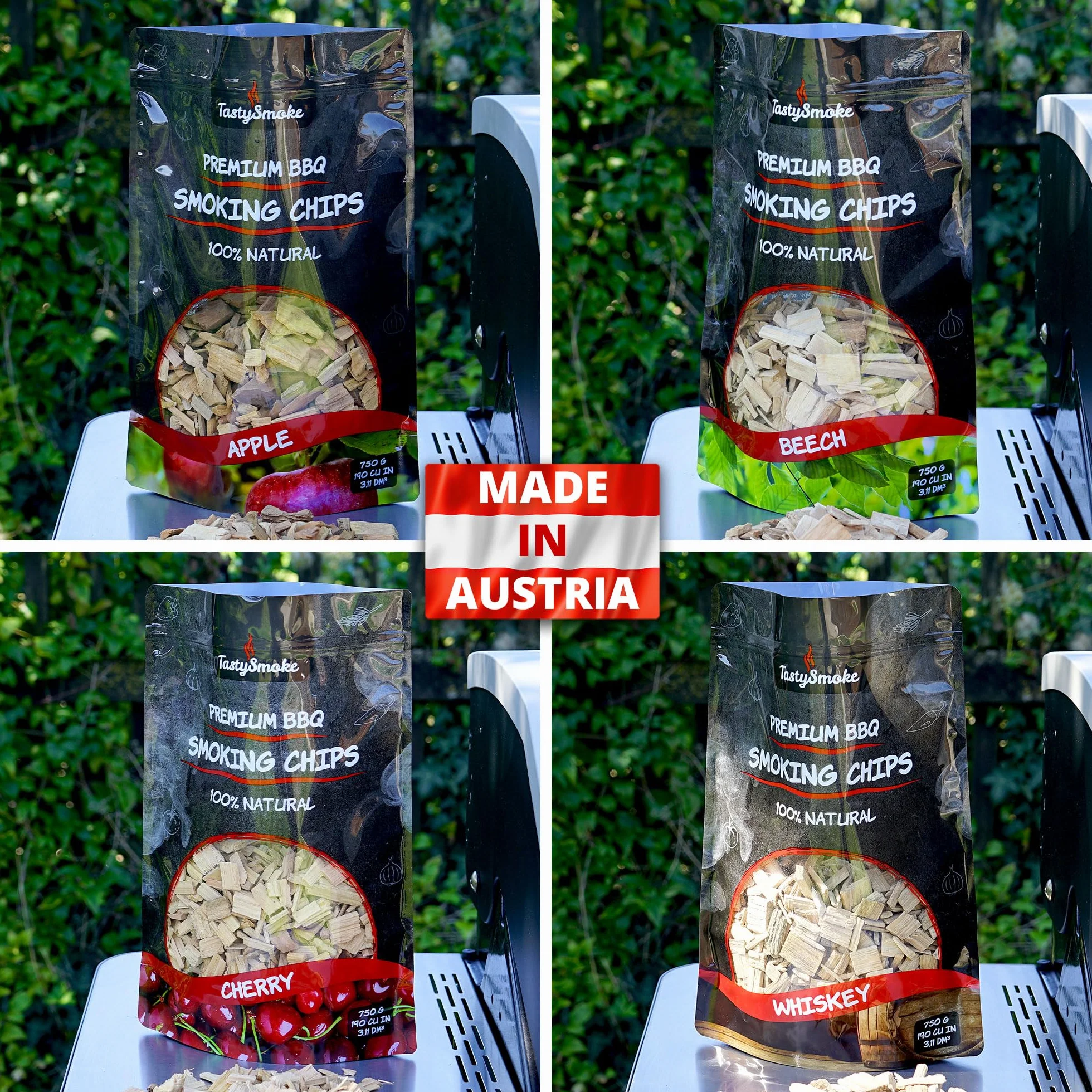 Wędzarki 4-pakiet – Naturalne chipsy z jabłka, buka, wiśni i dębu 750g