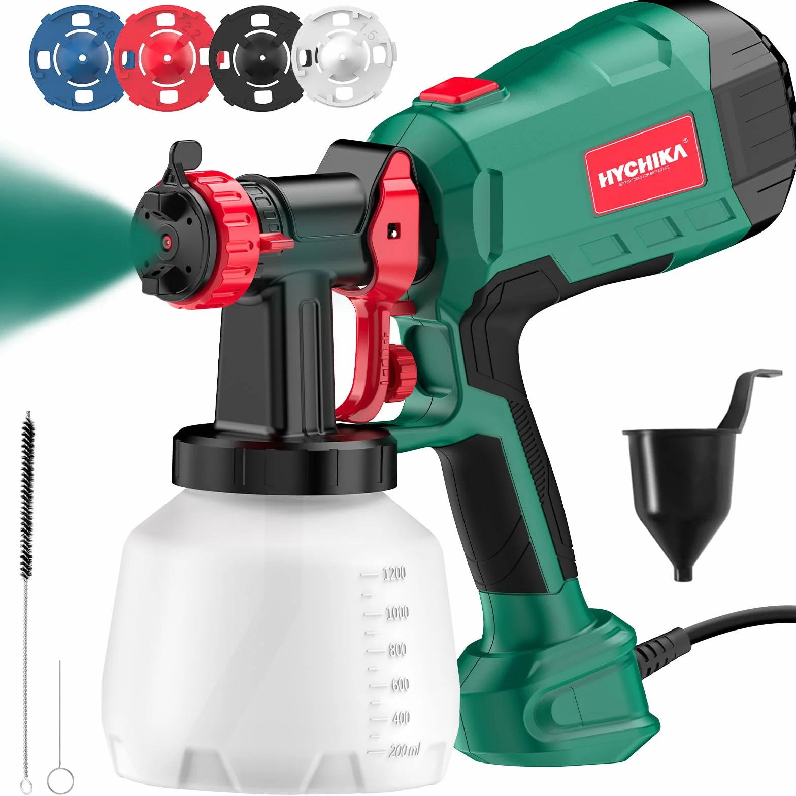 HYCHIKA Pistolet do lakierowania 600 W, pistolet natryskowy HVLP z pojemnikiem 1200 ml, 4 dysze, 3 tryby, idealny do malowania mebli, ogrodzeń, ścian