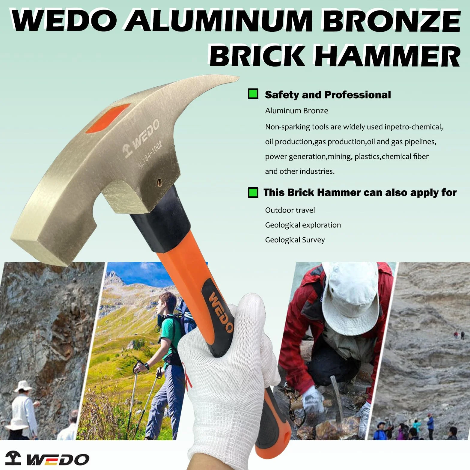 WEDO Młotek do wytrychów, geolog nieparujący, młotek murarski, brąz aluminiowy, główka 800 g, długość 340 mm, kute narzędzie murarskie, uchwyt z włókna szklanego, certyfikat BAM