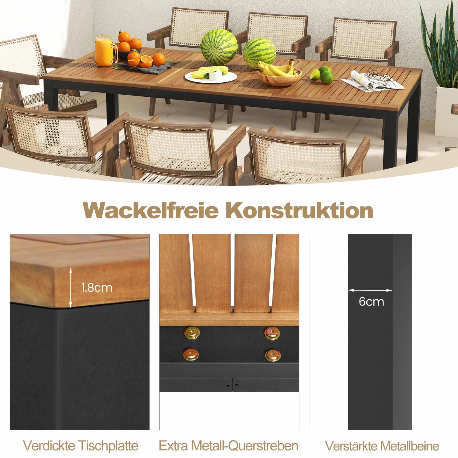 COSTWAY Stół ogrodowy z otworem na parasol 200x90 cm prostokątny blat z drewna akacjowego