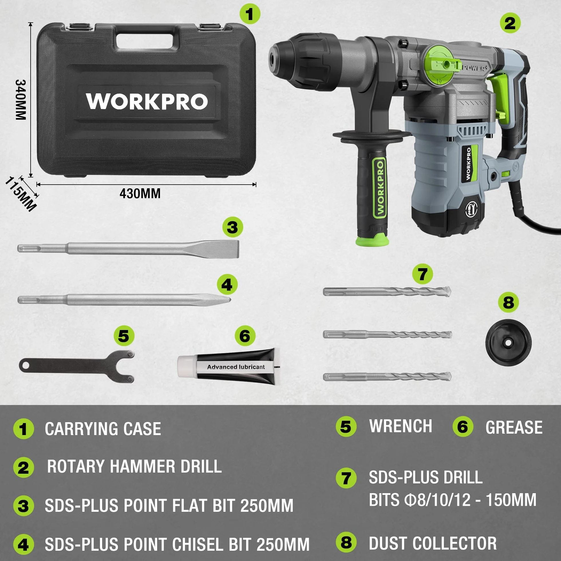 WORKPRO Młot elektryczny do dużych obciążeń 1500 W, wiertarka udarowa do betonu 5,5 dżula, 4 tryby pracy, regulowana prędkość, uchwyt 360°, z akcesoriami, dłutem i walizką