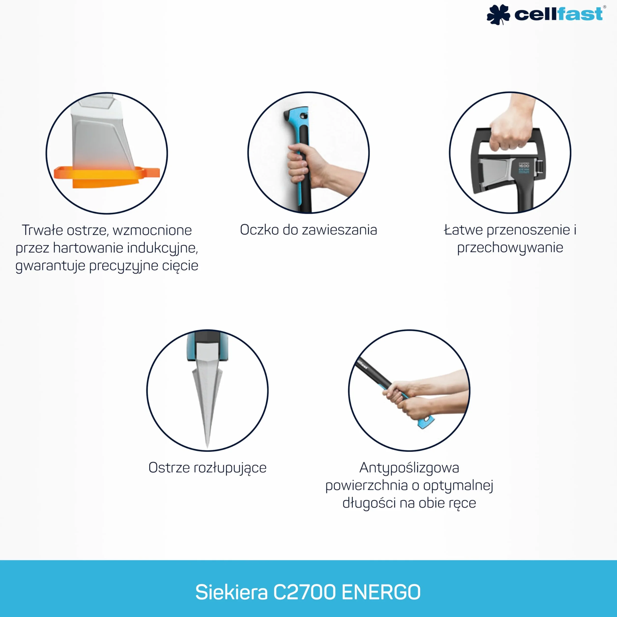 CELLFAST Siekiera Rozłupująca 930 mm 2,7 kg Z Osłoną Trwała Trzonek Wzmocniony Włóknem Szklanym