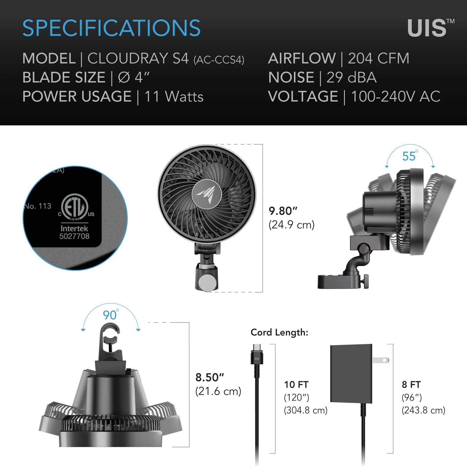 AC Infinity CLOUDRAY S4 wentylator do namiotu 10 cm 10 prędkości oscylacja IP-54