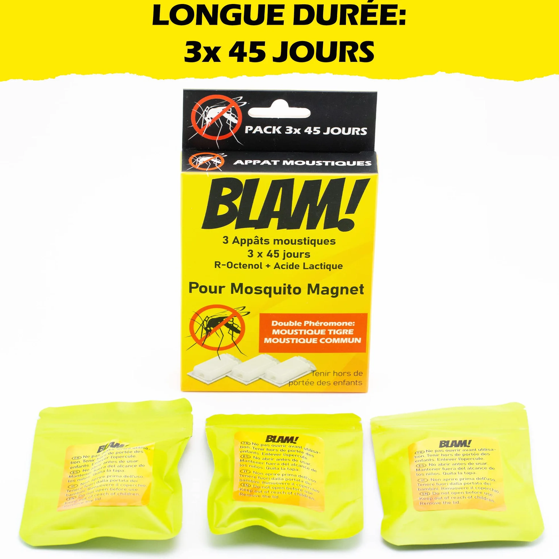 BLAM 3 przynęty na komary z magnesem Mosquito, podwójny feromon, R-Octenol, kwas mlekowy, 3 x 45 dni