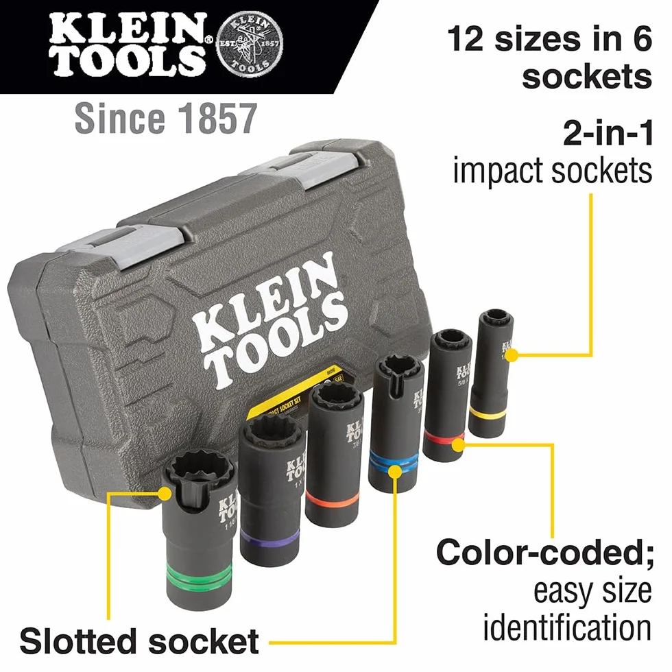 Klein Tools 66090 Zestaw nasadek udarowych 1/2 cala, konstrukcja szczelinowa 2 w 1, 12-punktowe głębokie nasadki, do kluczy udarowych, zawiera walizkę narzędziową, 6-częściowy