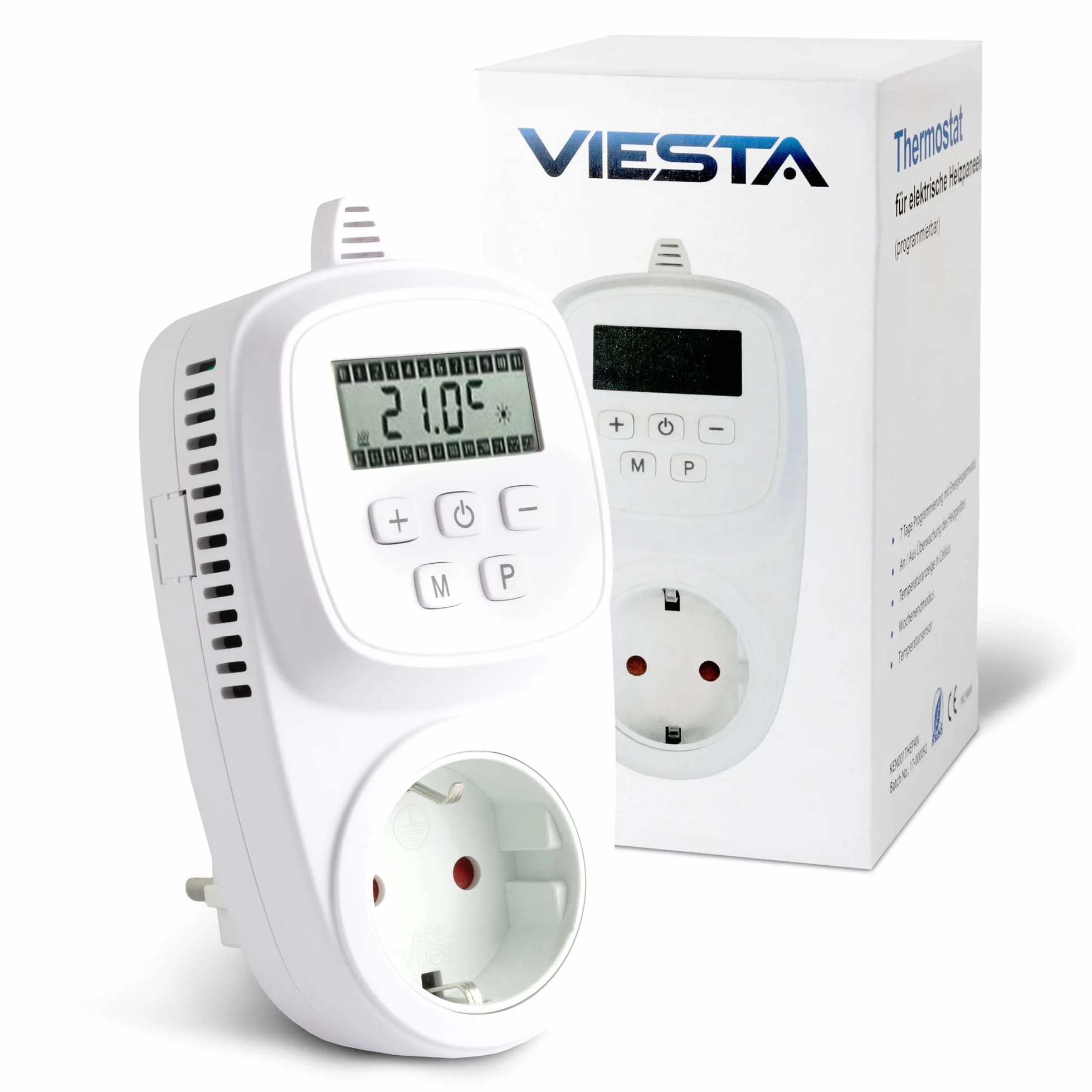 VIESTA® TH12 termostat gniazdkowy, programowalny, 7 dni, 230 V / 16 A / 3600 W, 5–35°C, 0,5°C, wyświetlacz LCD, pamięć EEPROM, ochrona przed zamarzaniem, do ogrzewania elektrycznego, paneli grzewczych