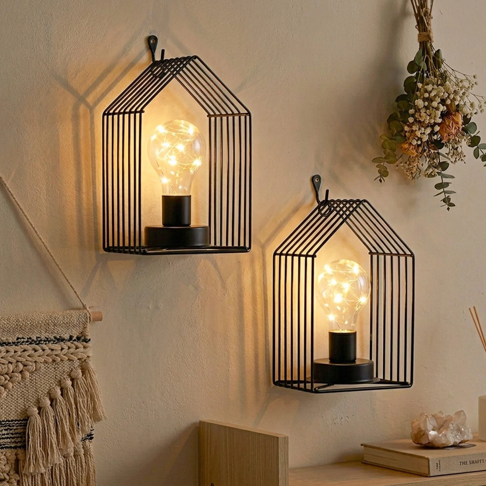 JHY DESIGN Zestaw 2 lamp na baterie 18 cm wys. vintage kinkiet metalowa klatka wisząca bezprzewodowa lampa ścienna z 6-godzinnym timerem
