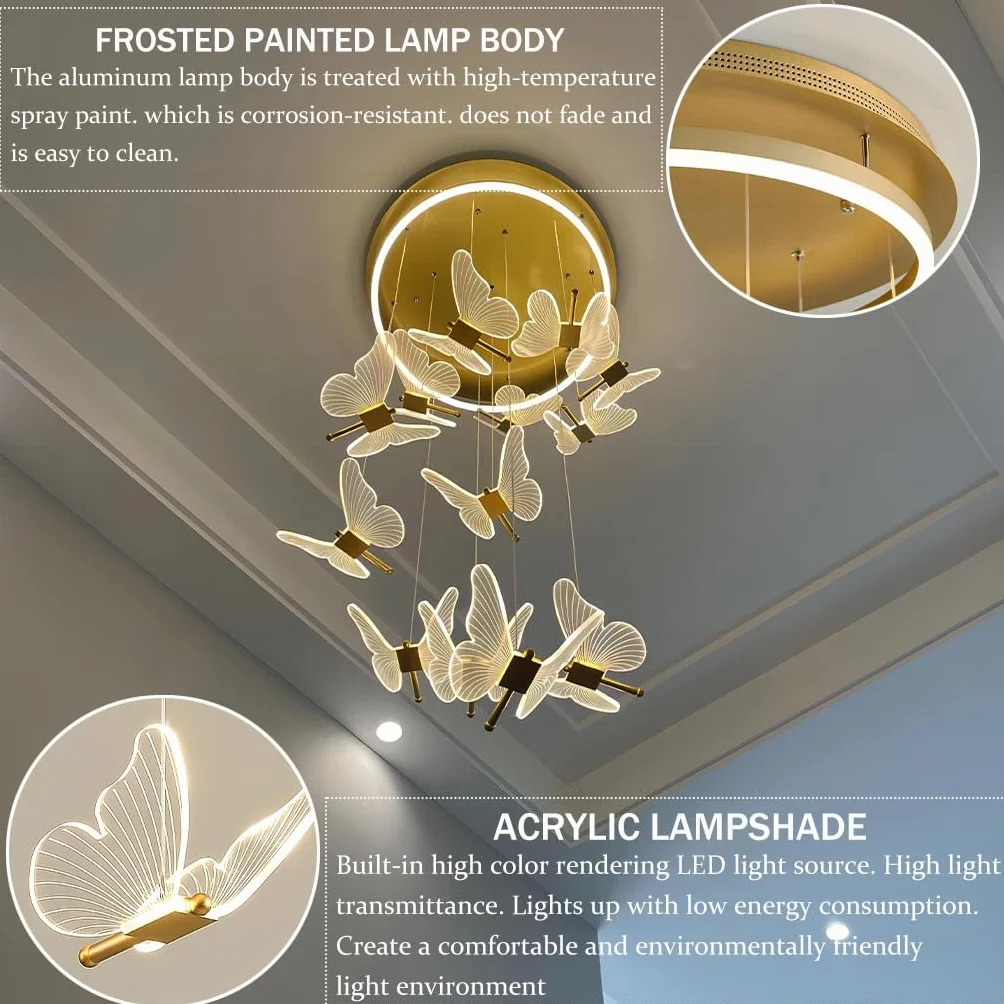 Żyrandole LED do przedpokoju Salon Wysoki żyrandol sufitowy Akrylowy motyl Duże lampy wiszące Oprawa oświetleniowa Nowoczesna jadalnia Przedpokój Światła na schody Lampa sufitowa LED z możliwo