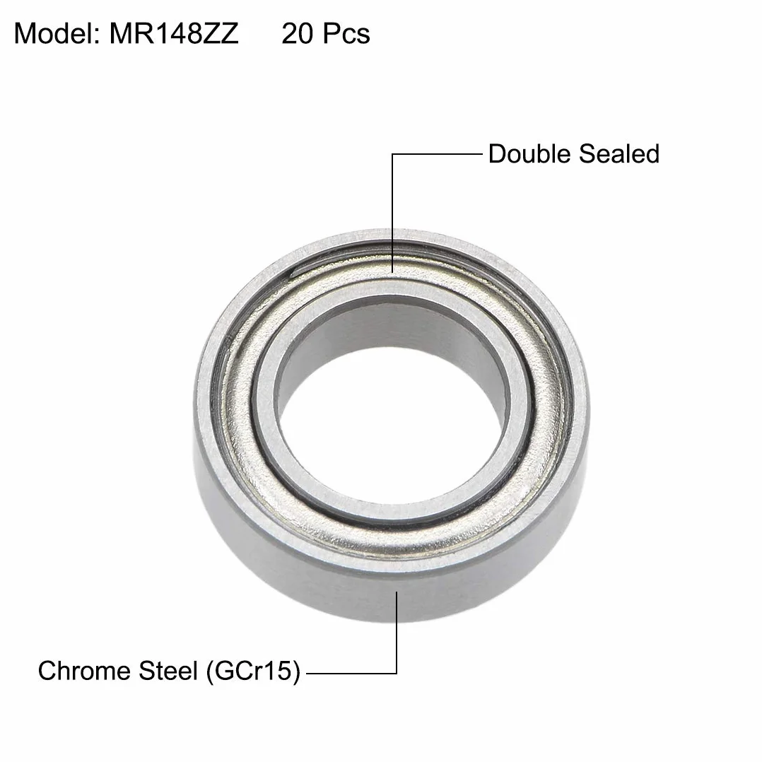 sourcing map 20 sztuk łożysko kulkowe zwykłe MR148ZZ 8 mm średnica wewnętrzna 14 mm średnica zewnętrzna 4 mm otwór podwójnie ekranowany stal chromowana Z2