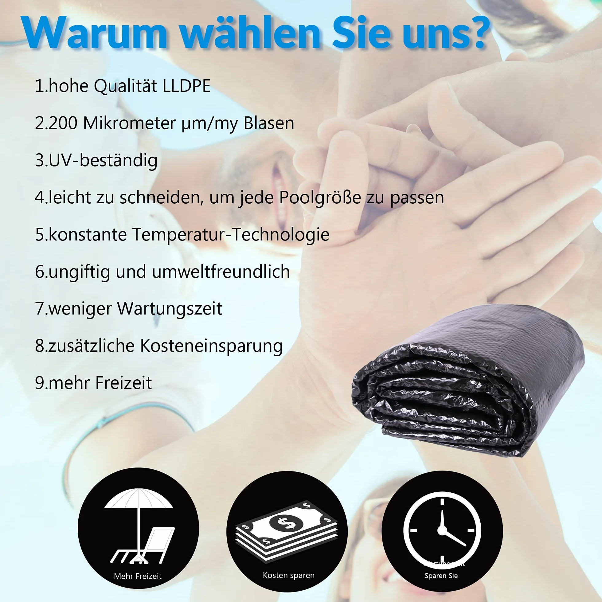Melko Plandeka solarna do basenu, 1000 x 500 cm, folia solarna 200 µm, plandeka solarna z możliwością przycięcia, ogrzewanie wody, plandeka solarna do basenu