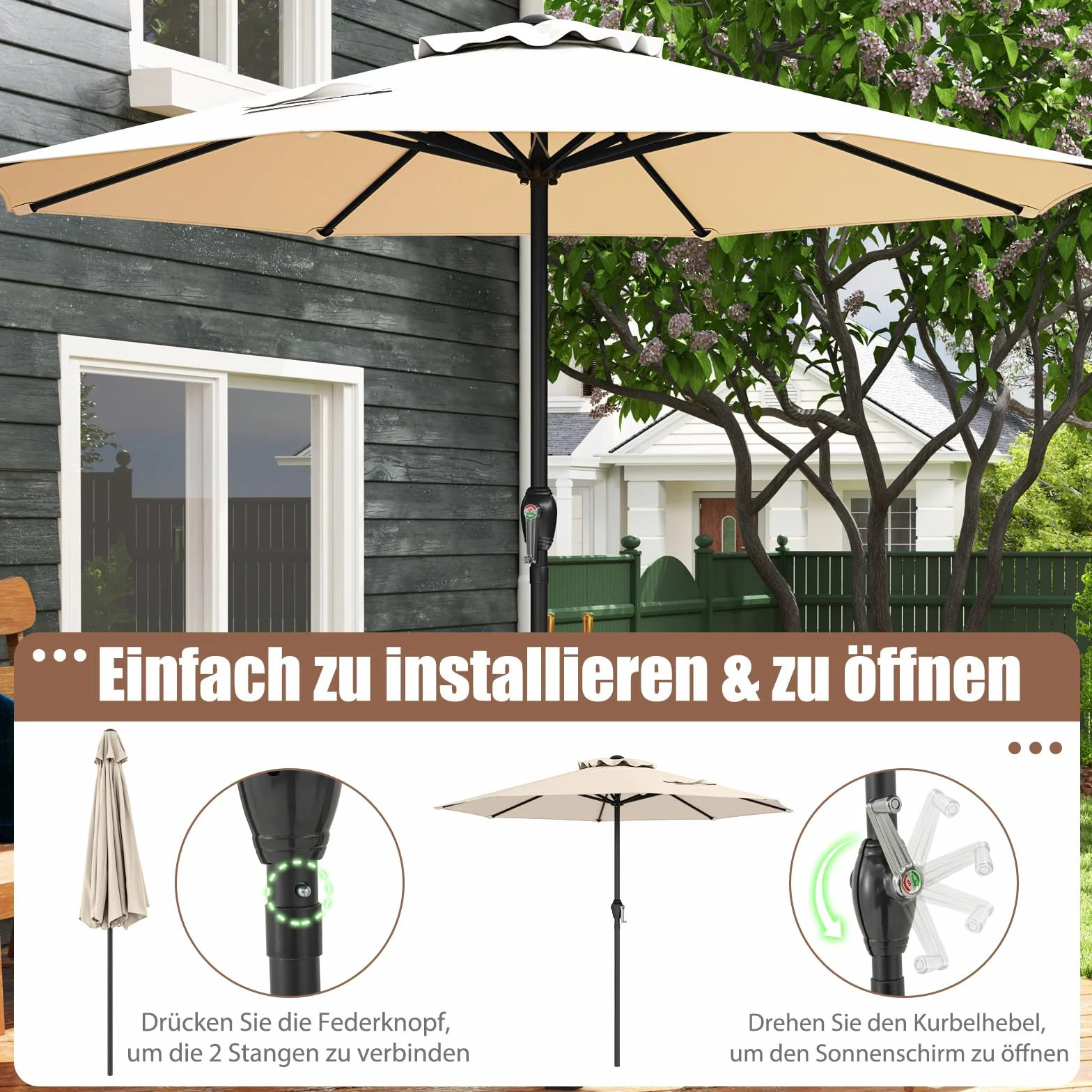 COSTWAY Parasol przeciwsłoneczny 250 cm, parasol ogrodowy z korbą, 8 żeber