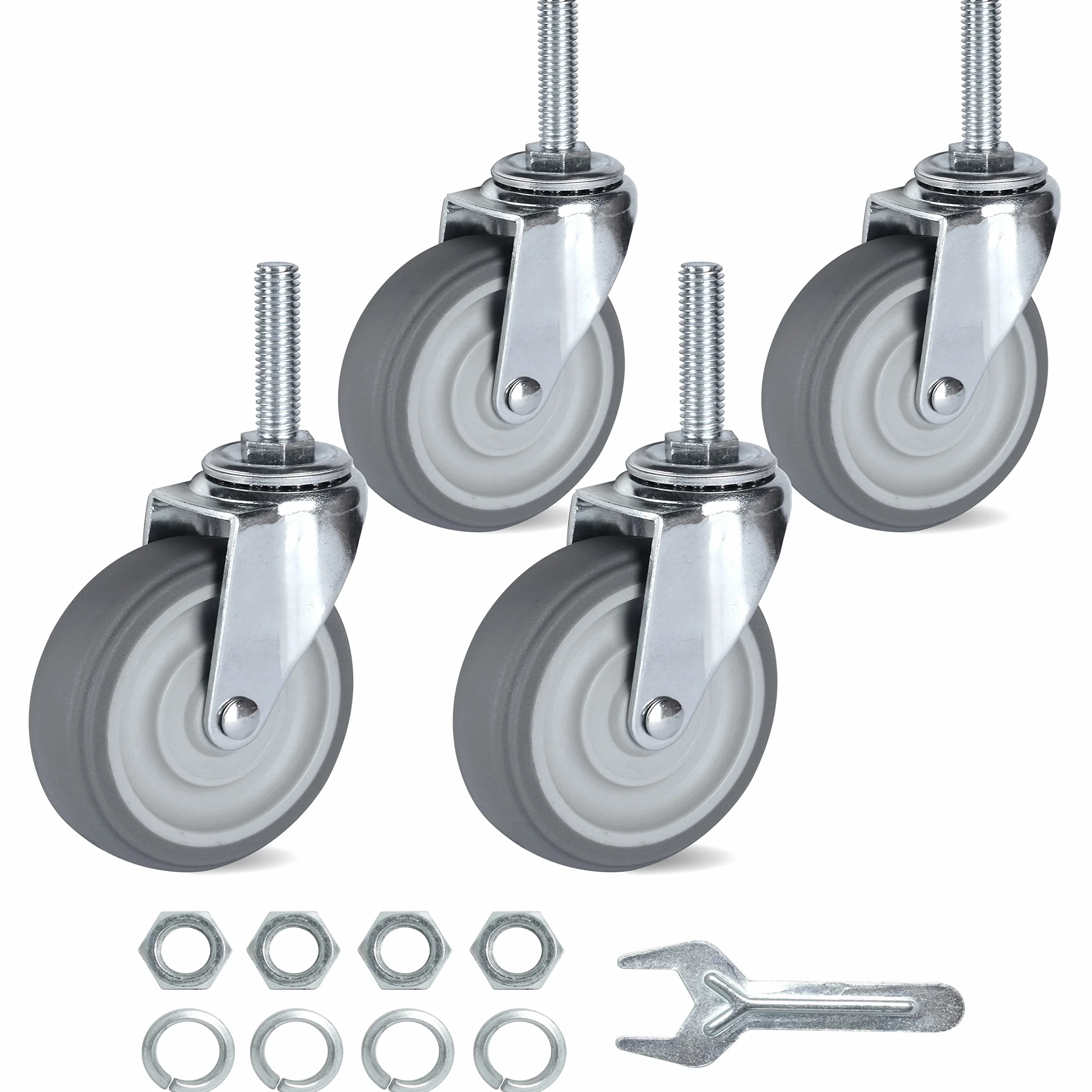 Zestaw 4 kółek 3-calowych o dużej wytrzymałości z gwintowanym trzpieniem, 3/8"-16 x 1-1/2" z gumowymi kółkami obrotowymi, przemysłowe, koła premium do regałów drucianych/mebli/wózków, nośność 720 fu